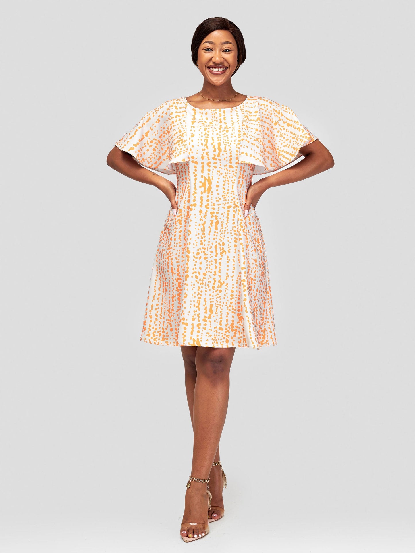 Vivo Sani Cape Sleeve Round Neck A-line Dress - Heri Orange