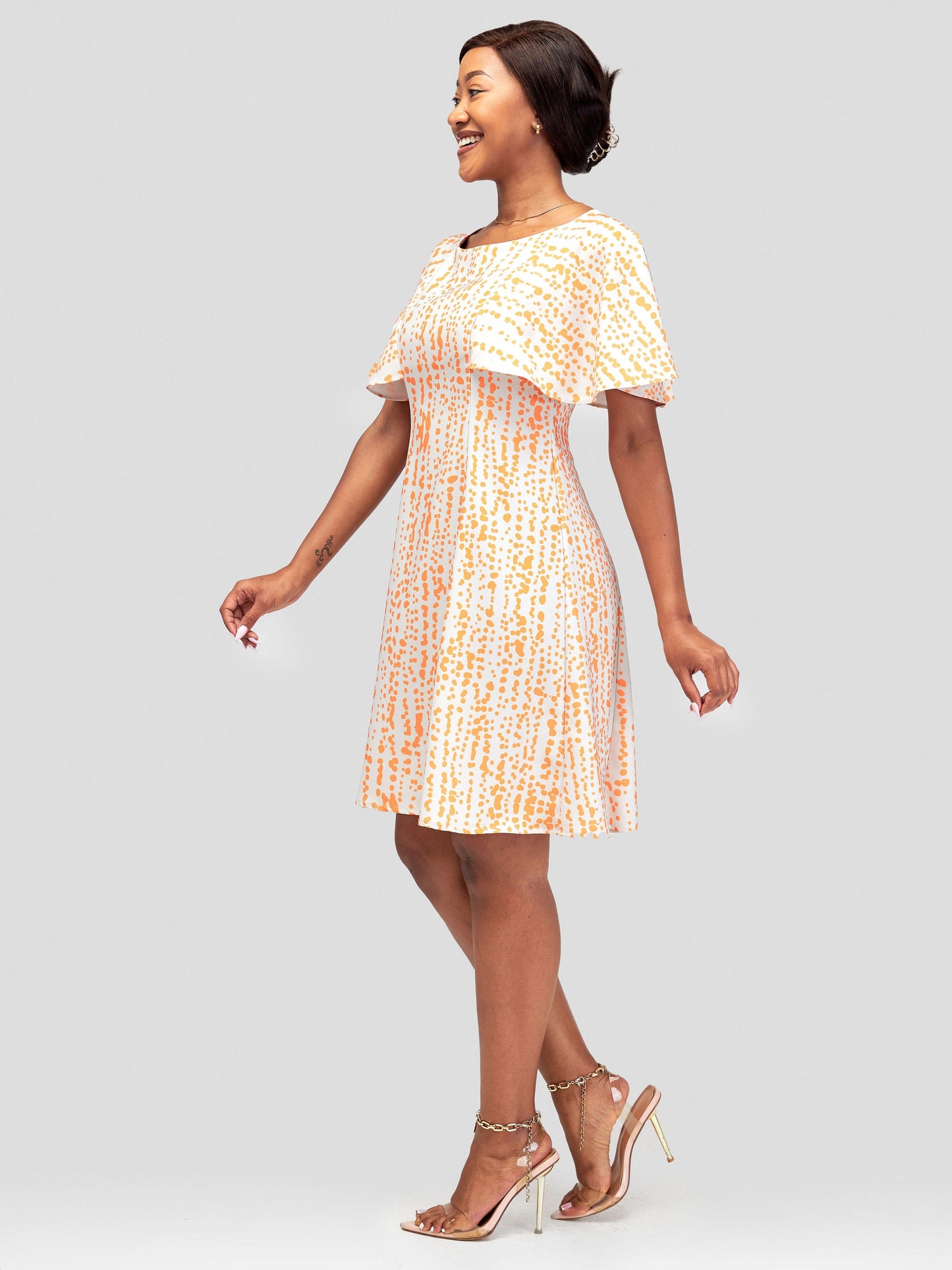 Vivo Sani Cape Sleeve Round Neck A-line Dress - Heri Orange