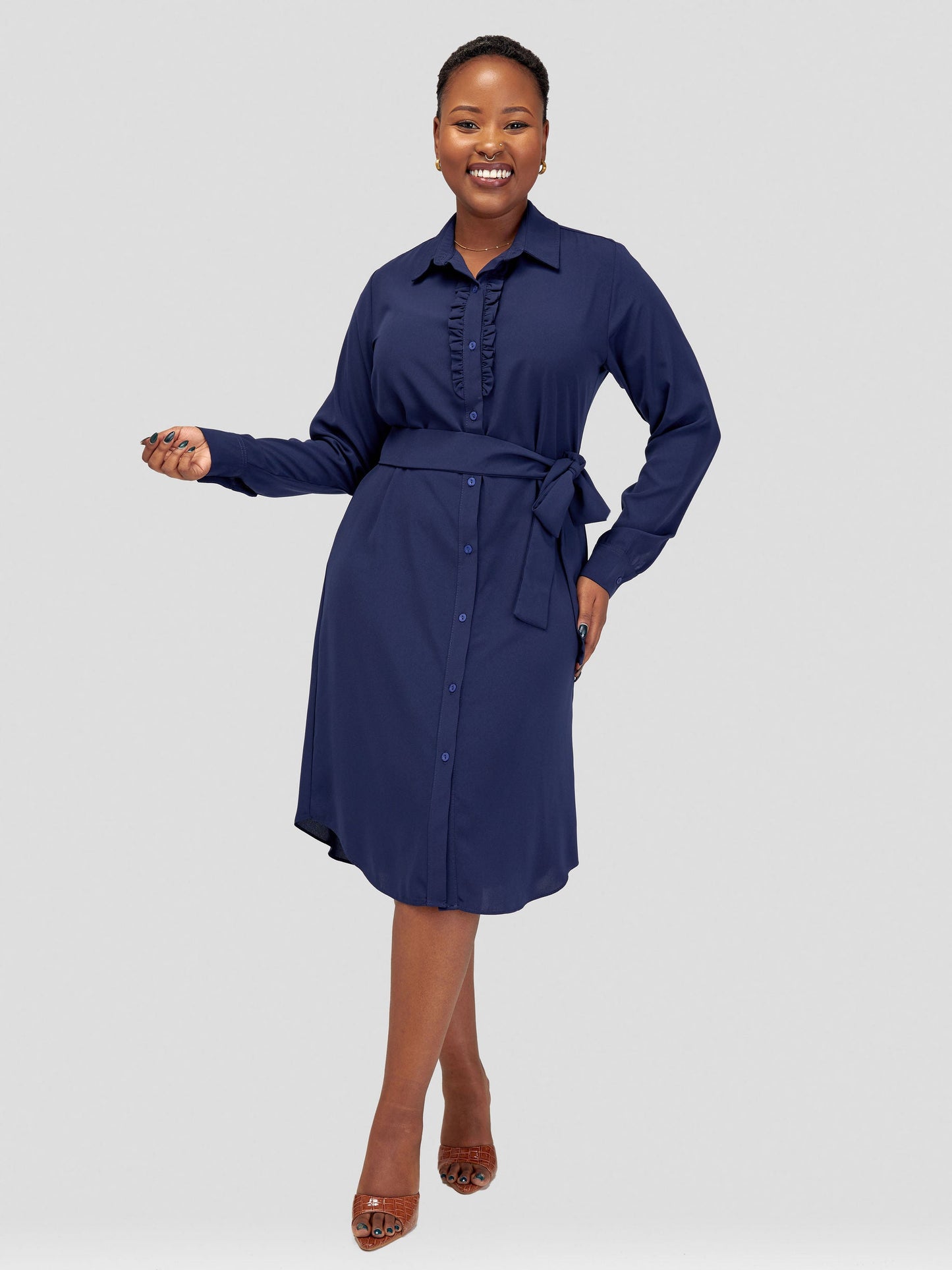 Vivo Sani Long Sleeve Ruffle Shirt Dress - Navy Blue