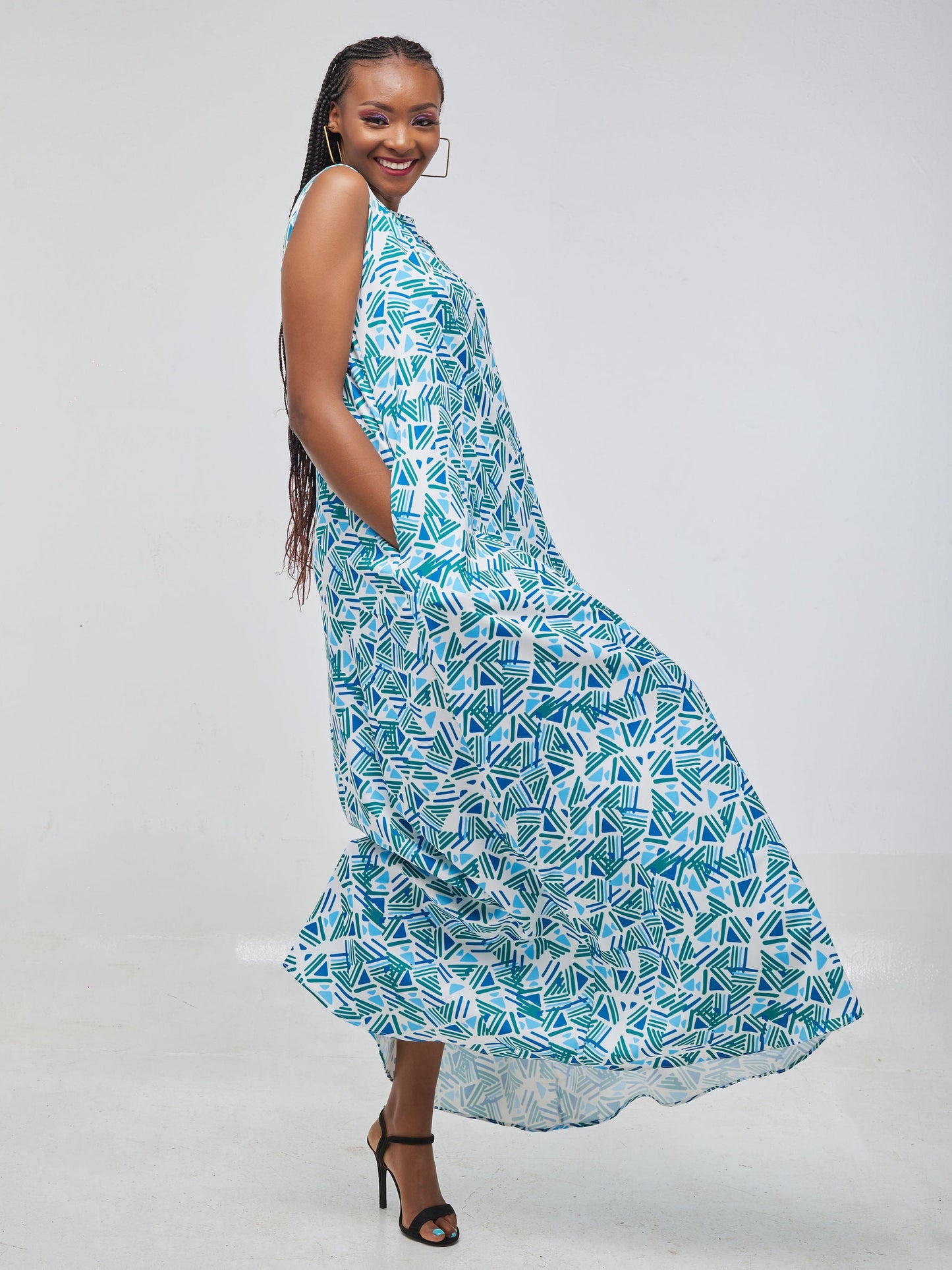 Vivo Basic Sleeveless Tent Maxi Dress - Green Print