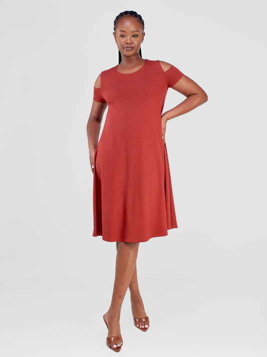 Vivo Lamu Knee Length Cold Shoulder Dress - Rust
