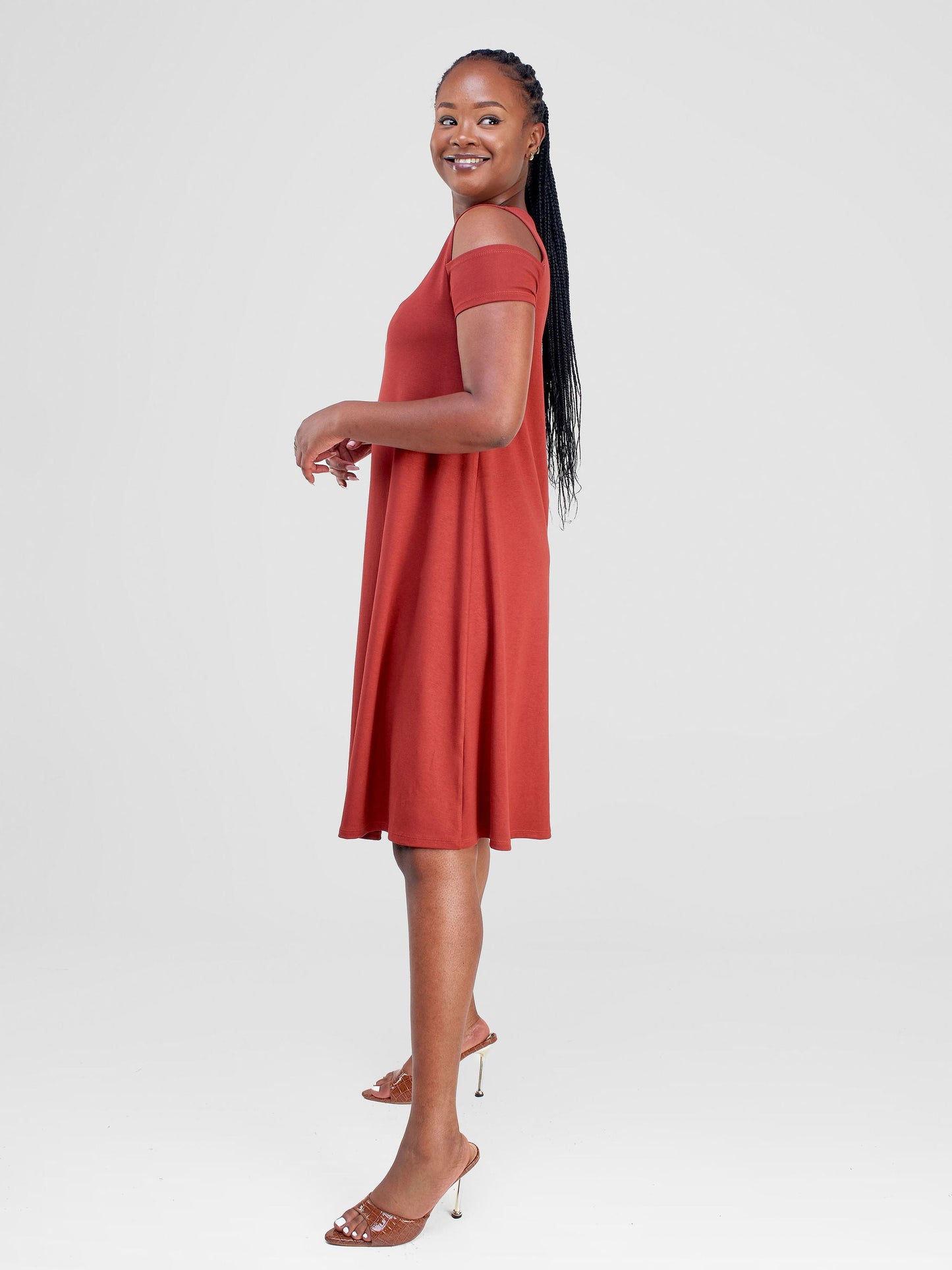 Vivo Lamu Knee Length Cold Shoulder Dress - Rust