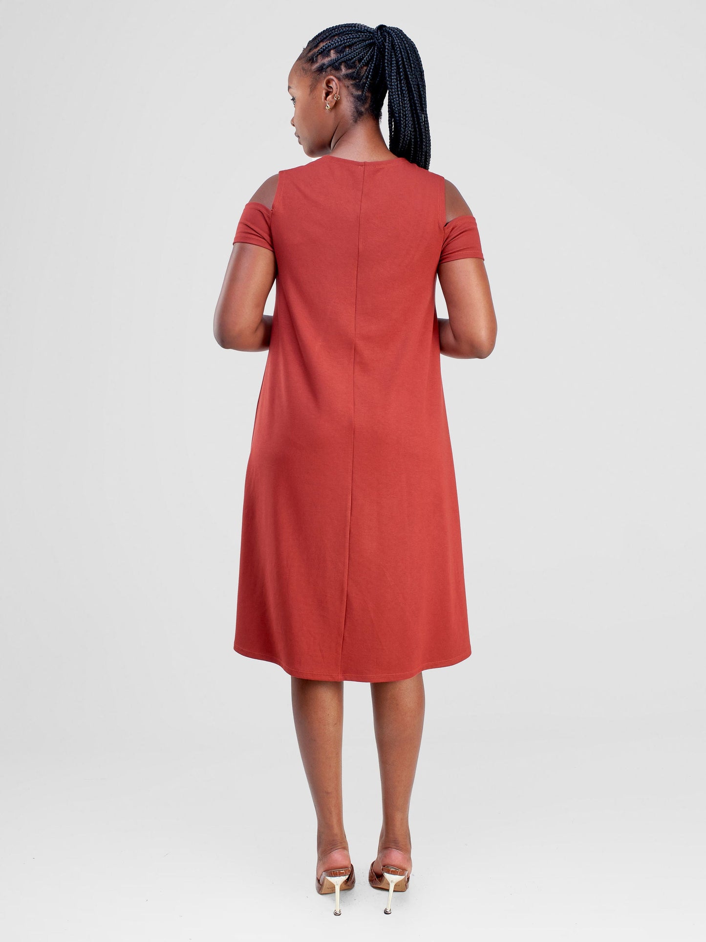 Vivo Lamu Knee Length Cold Shoulder Dress - Rust