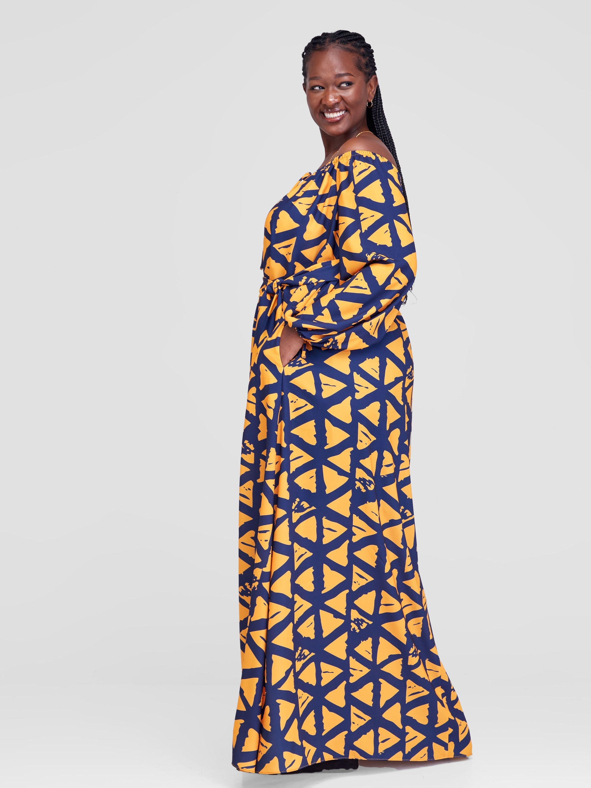 Vivo Zahari Off-Shoulder Maxi Dress - Mustard / Navy Blue Triangle Batik Print