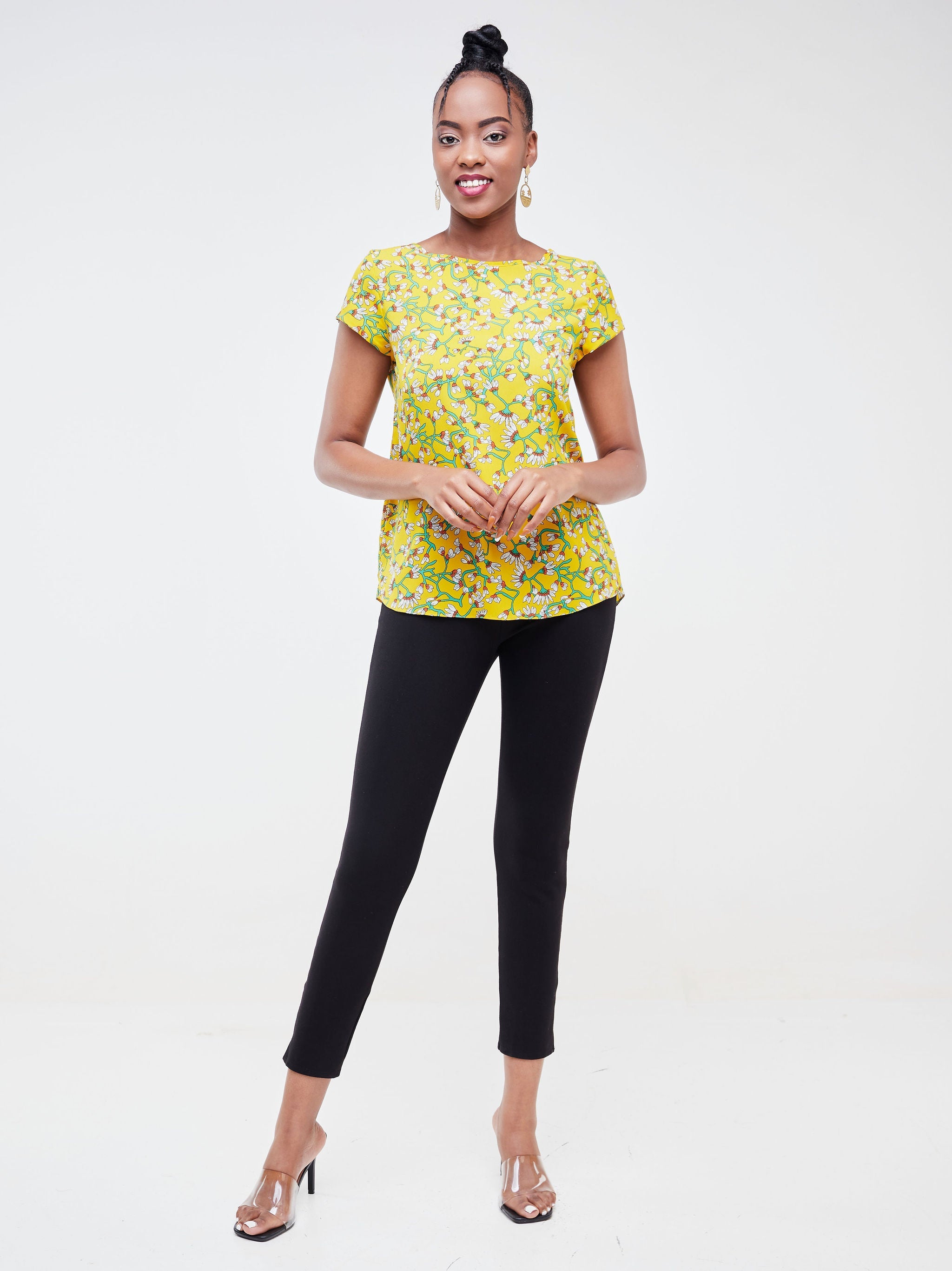 Vivo Basic Crepe Cap Sleeved Top - Yellow / Green Floral Print