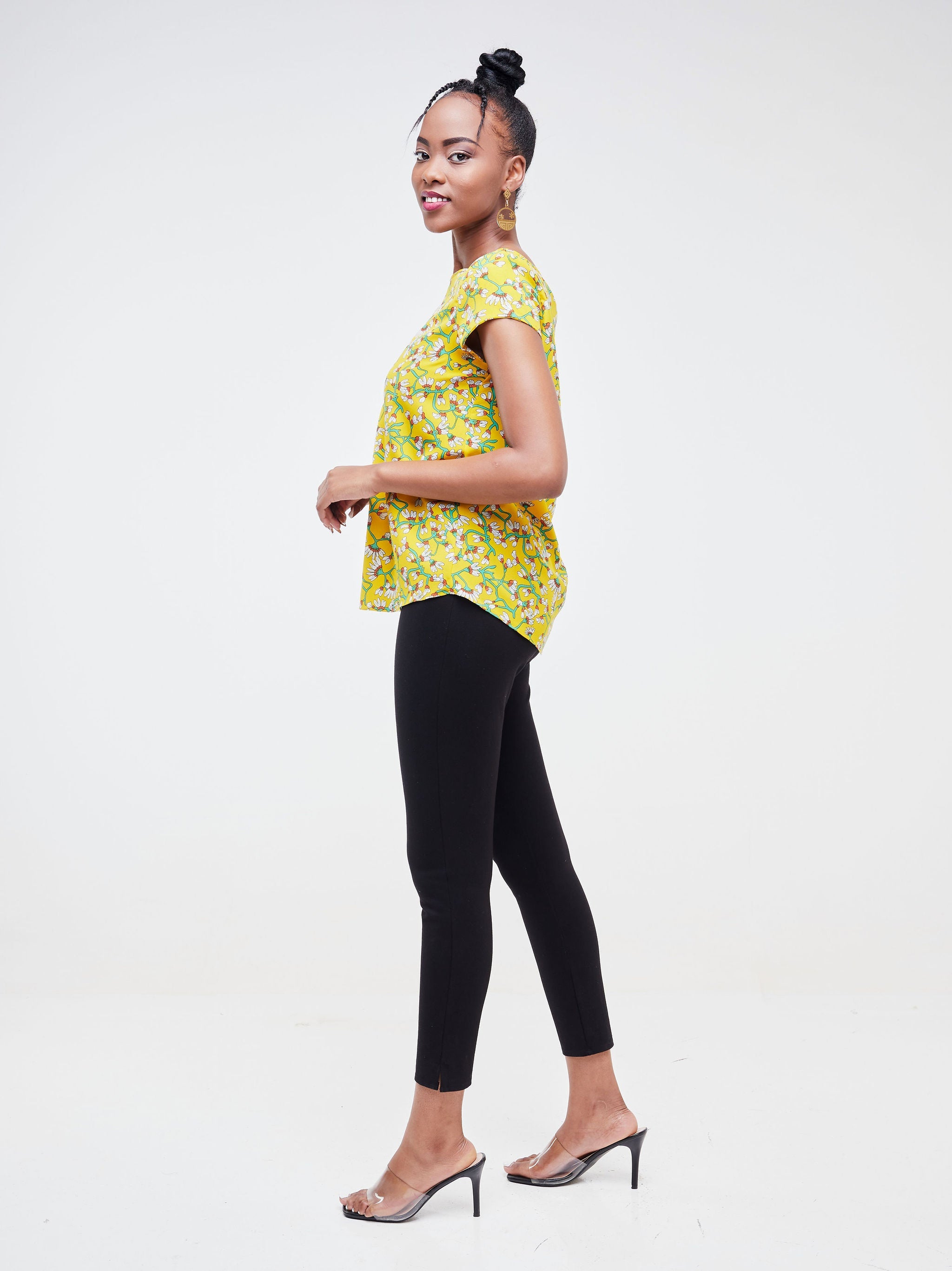 Vivo Basic Crepe Cap Sleeved Top - Yellow / Green Floral Print