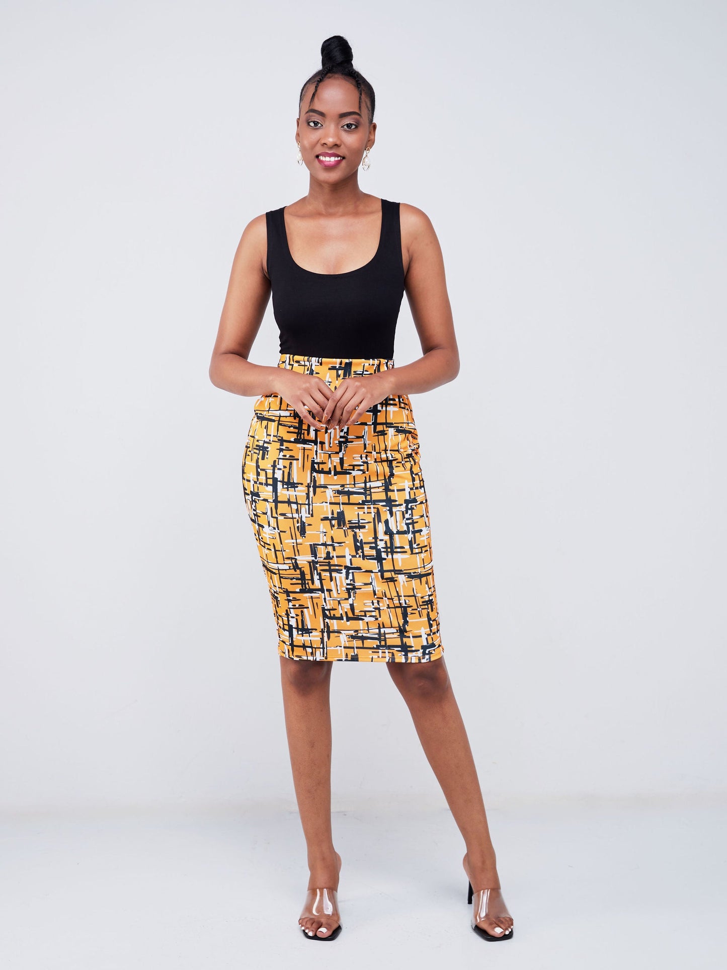 Vivo Imara Pencil Skirt - Mustard / Black Abstract Print