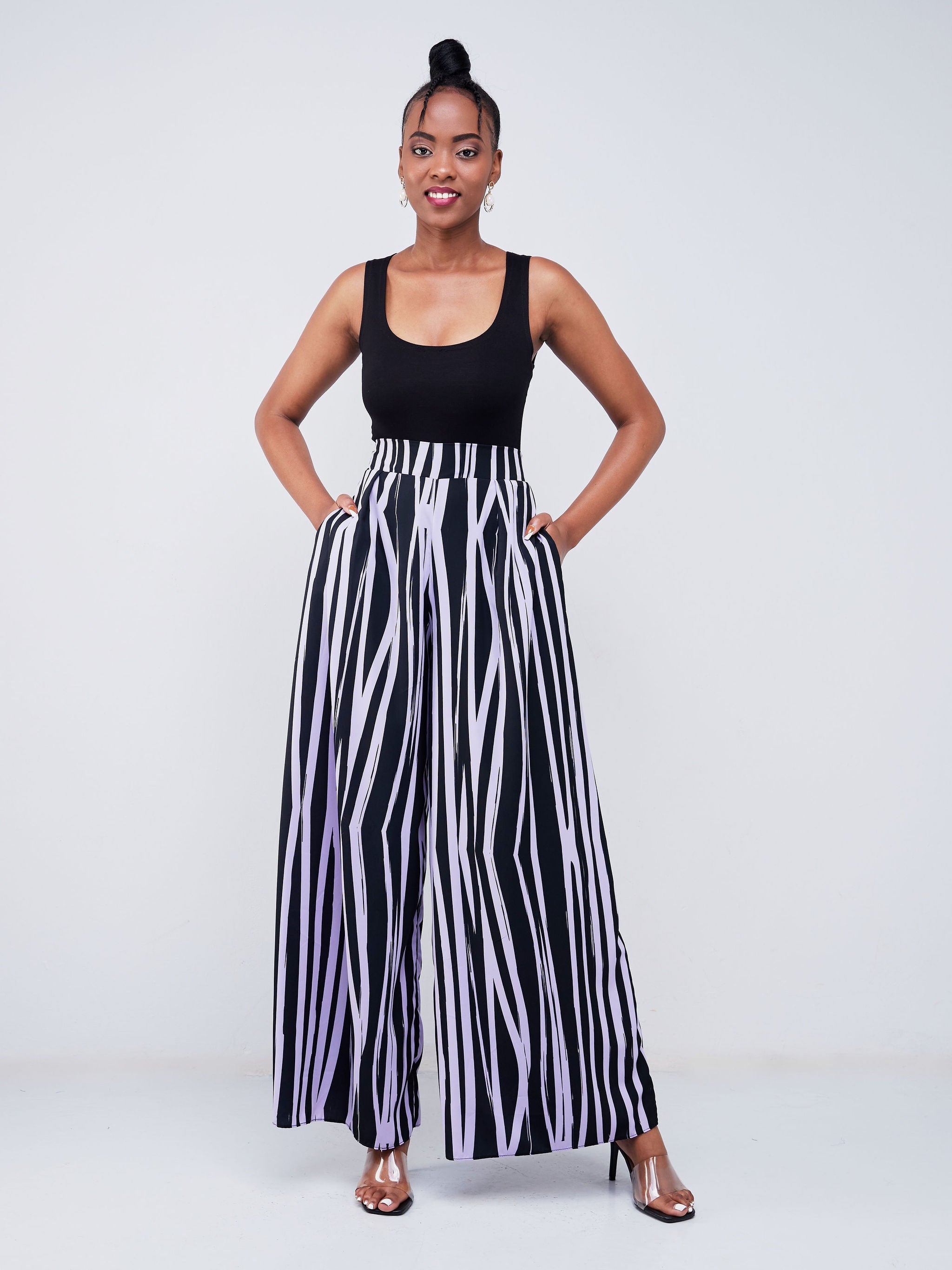 Vivo Adisa Wide Leg Pants - Lilac / Black Stripes Print