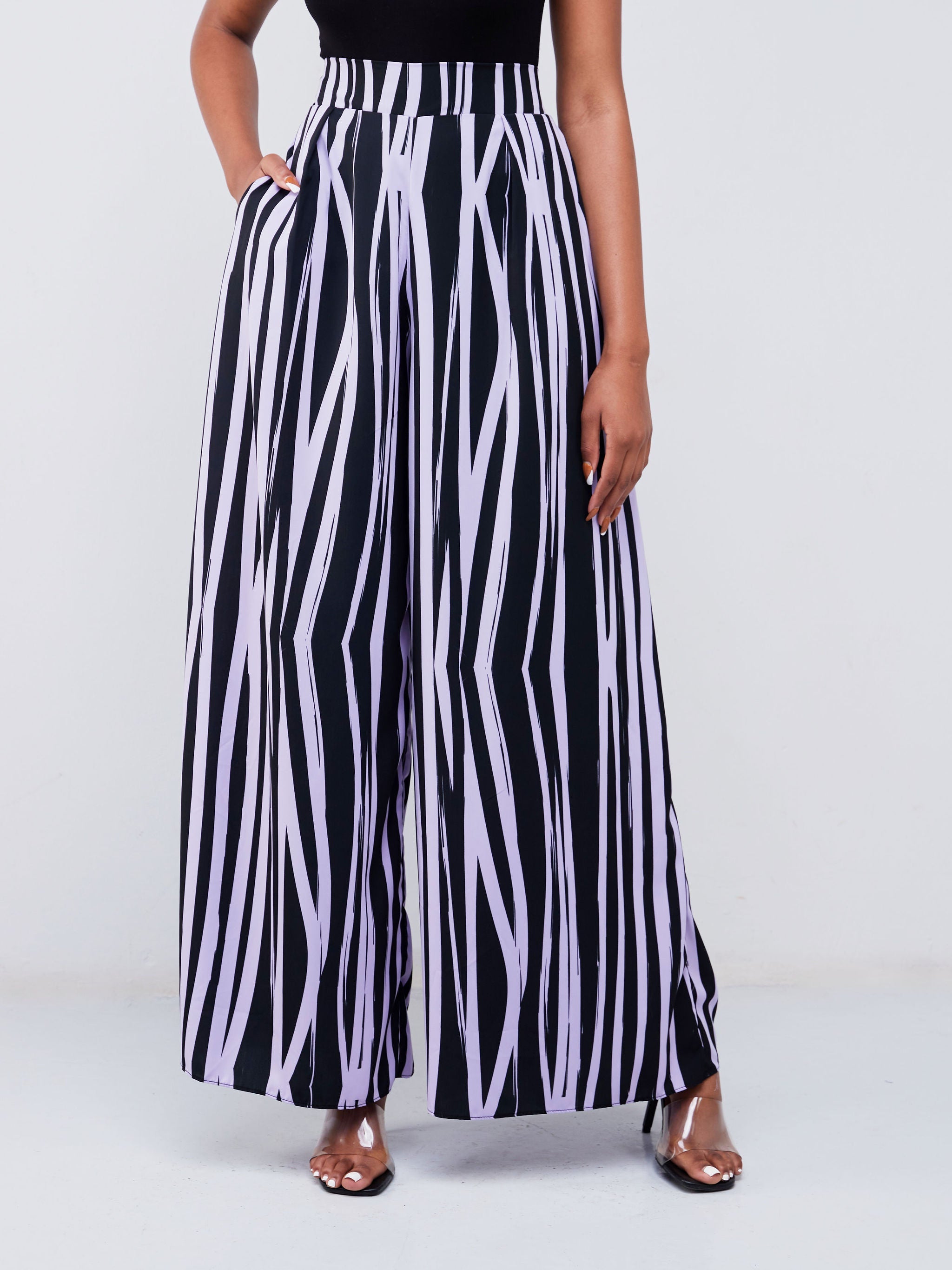 Vivo Adisa Wide Leg Pants - Lilac / Black Stripes Print