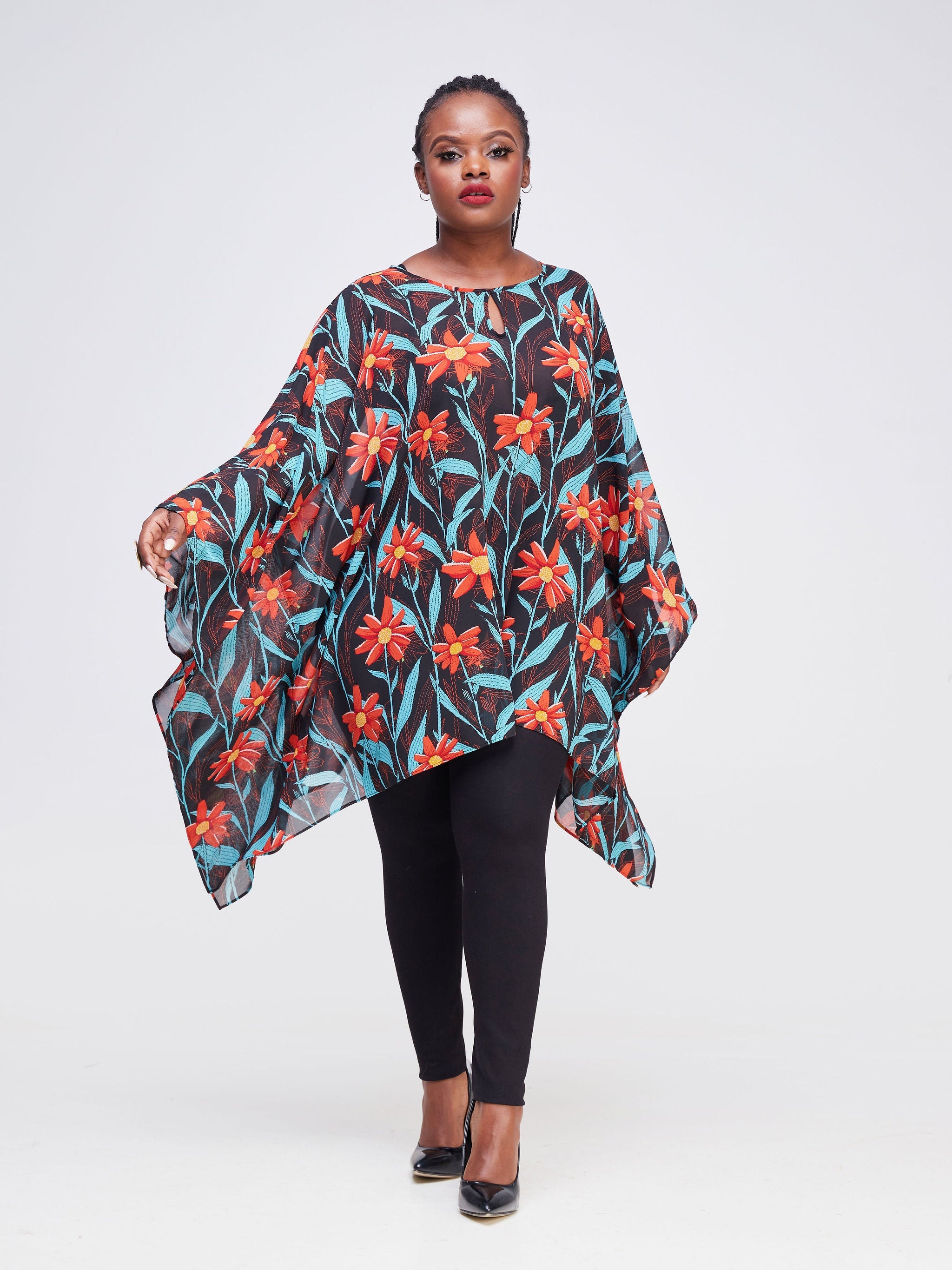 Vivo Sierra Tunic Kaftan Top - Black / Orange Floral Print