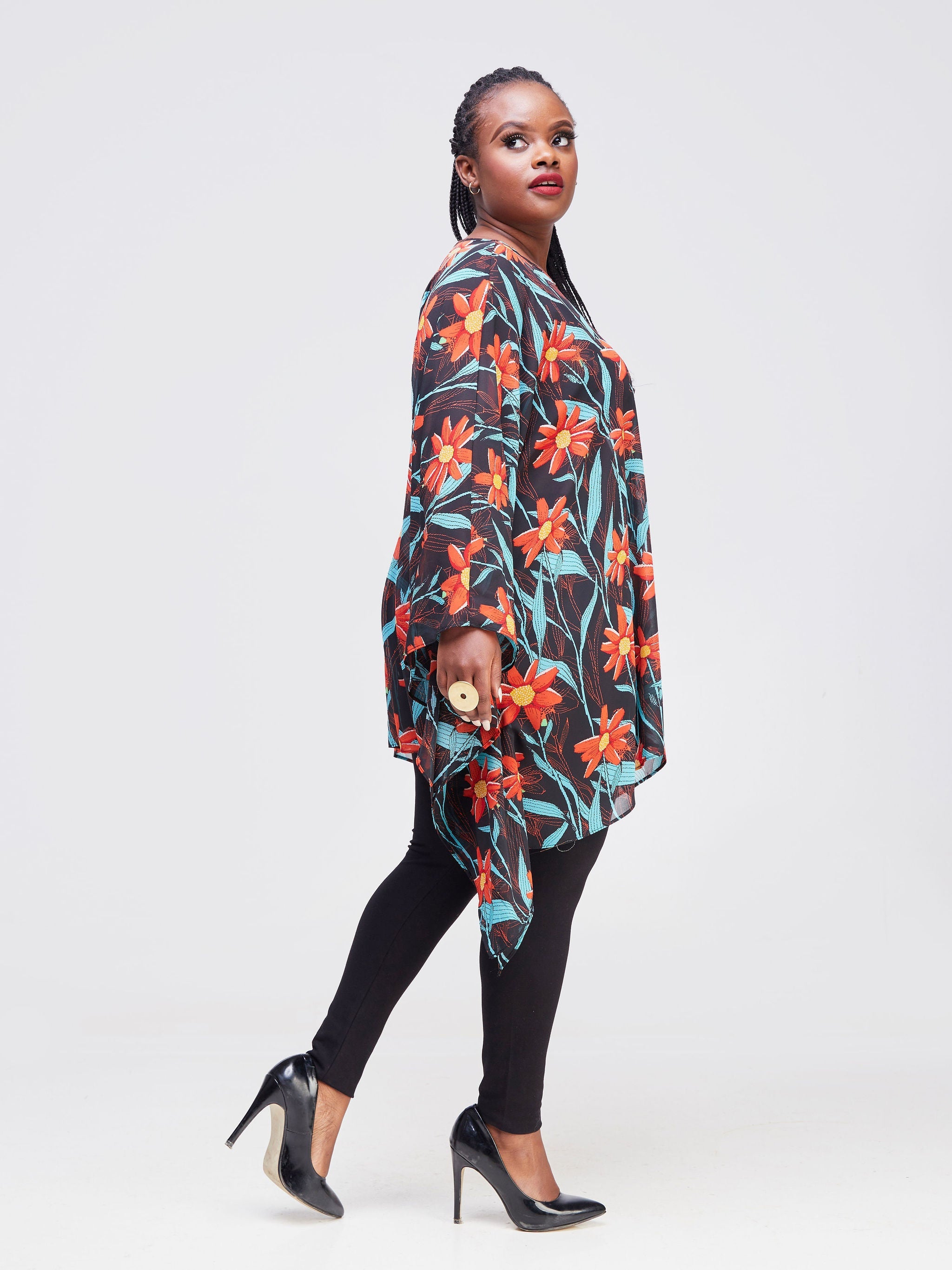 Vivo Sierra Tunic Kaftan Top - Black / Orange Floral Print