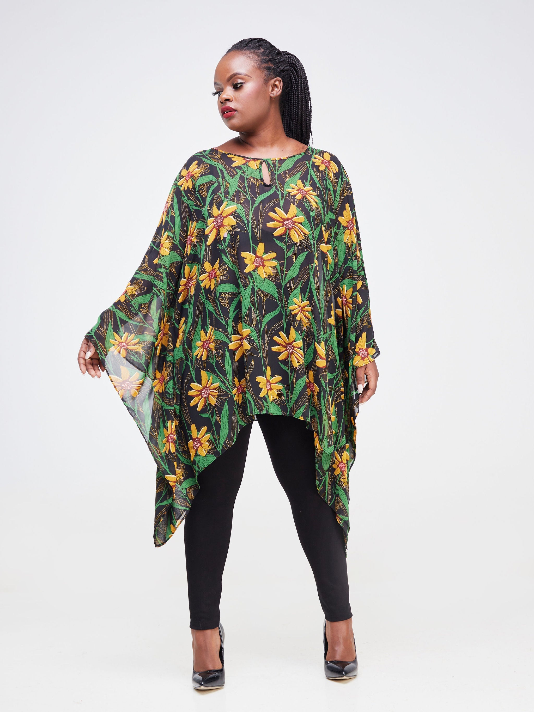 Vivo Sierra Tunic Kaftan Top - Black / Mustard Abstract Print
