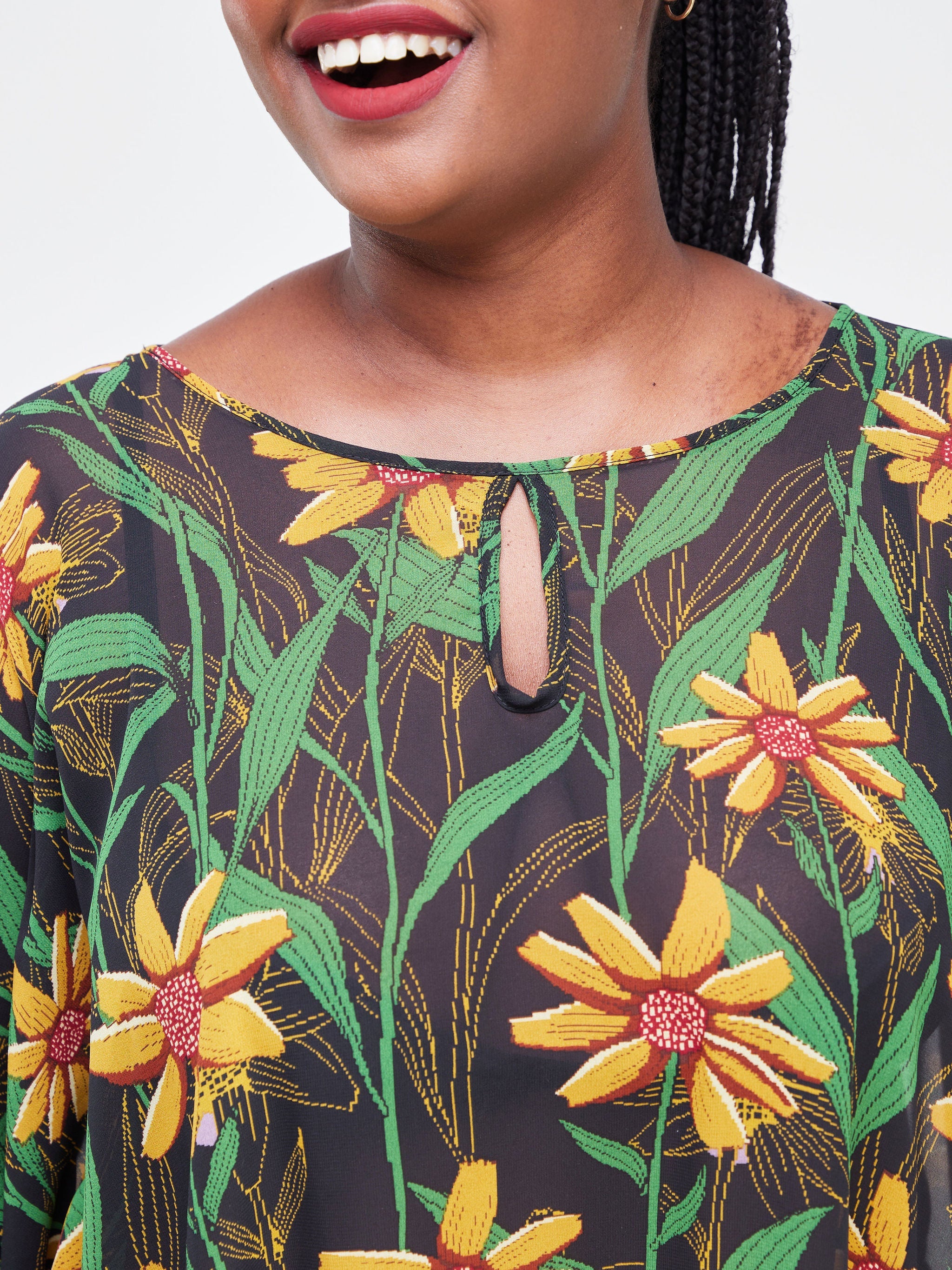 Vivo Sierra Tunic Kaftan Top - Black / Mustard Abstract Print