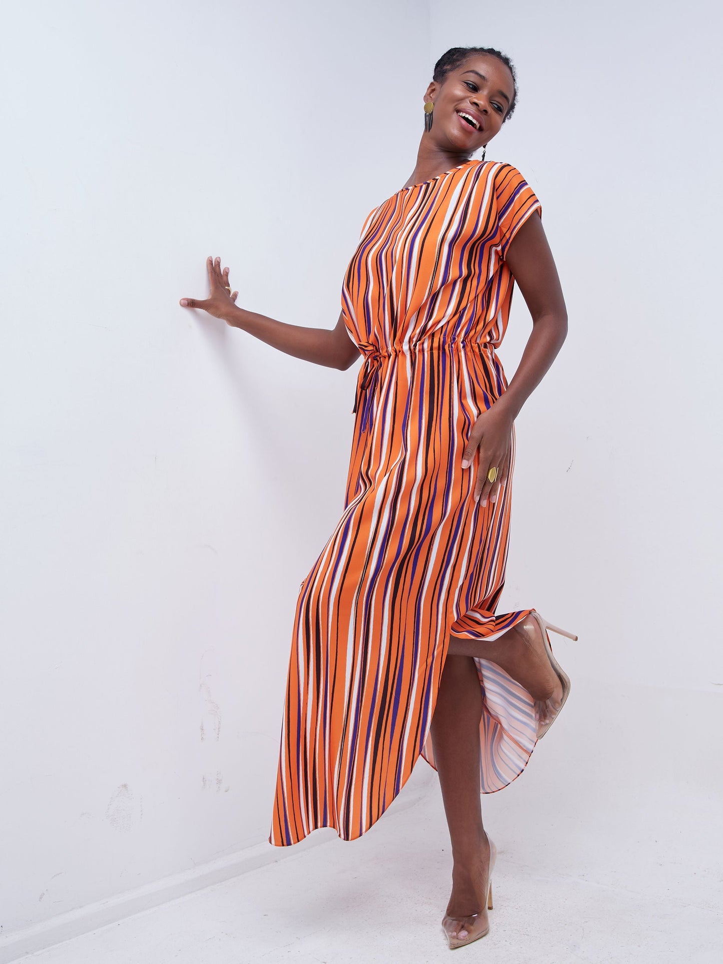 Vivo Mistari Drop Shoulder Scalloped Hem Maxi Dress - Orange / Black Striped Print