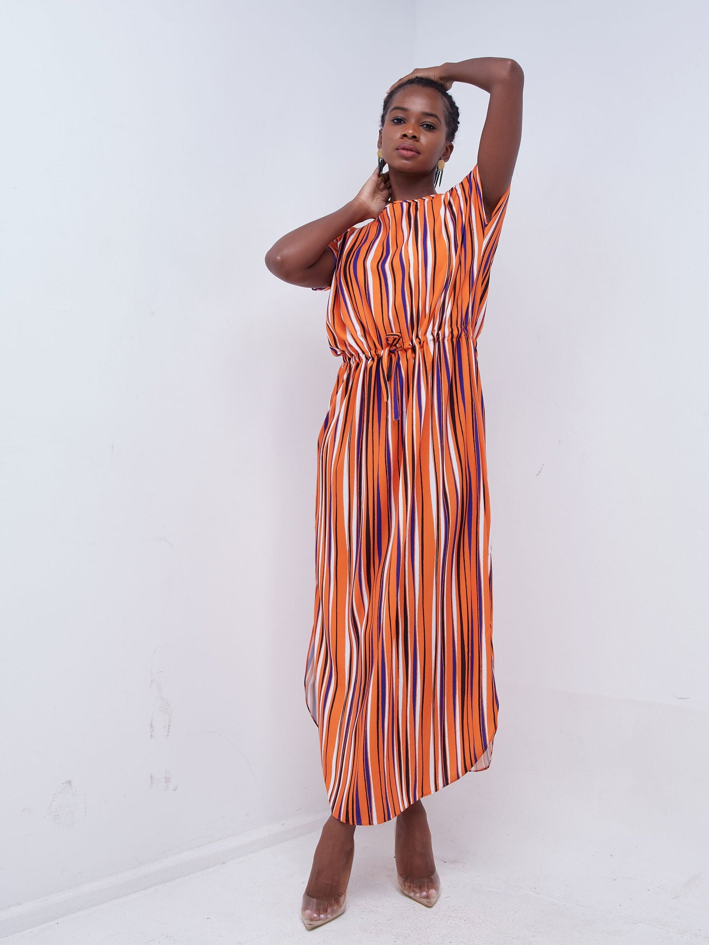 Vivo Mistari Drop Shoulder Scalloped Hem Maxi Dress - Orange / Black Striped Print
