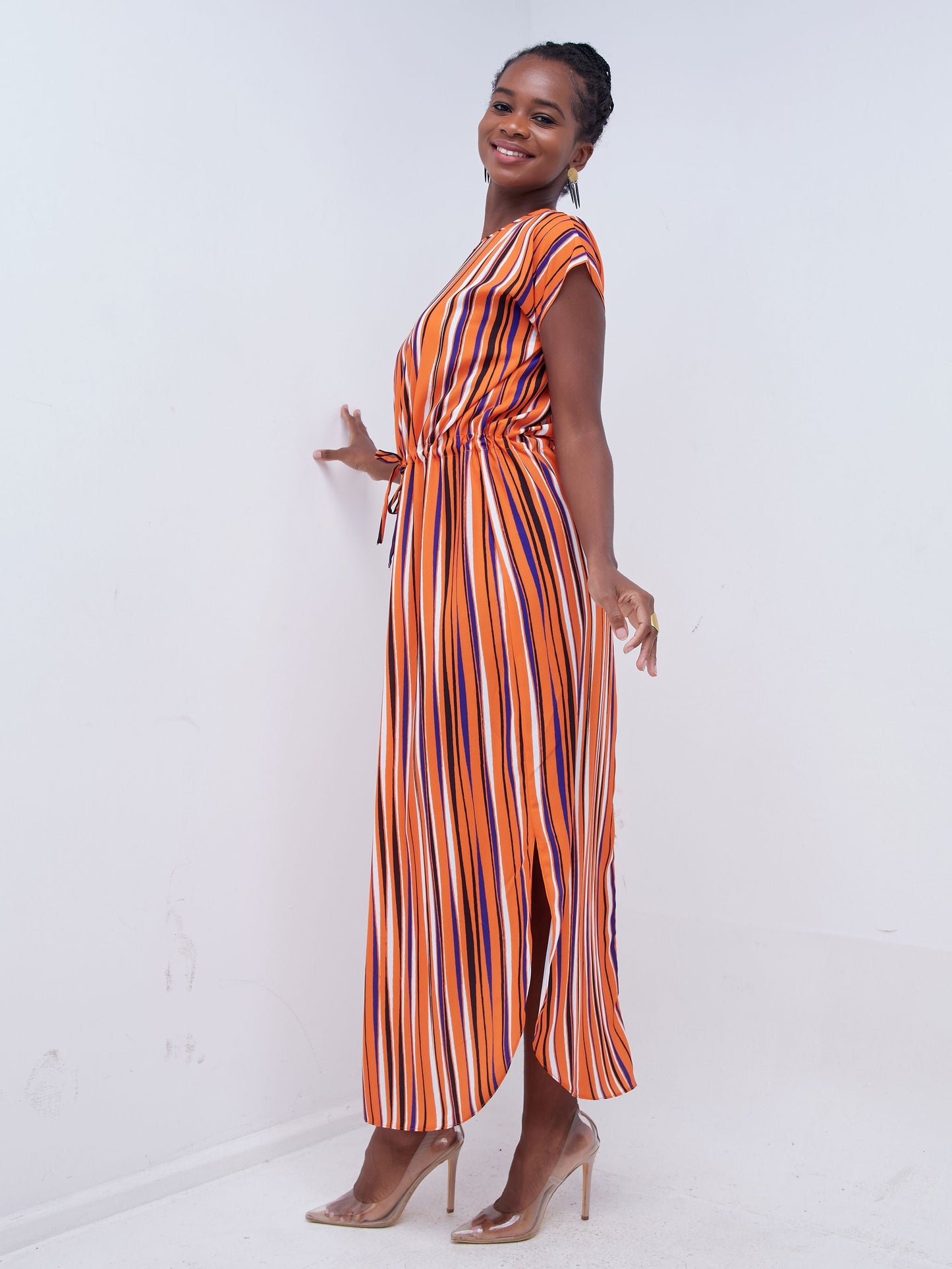 Vivo Mistari Drop Shoulder Scalloped Hem Maxi Dress - Orange / Black Striped Print