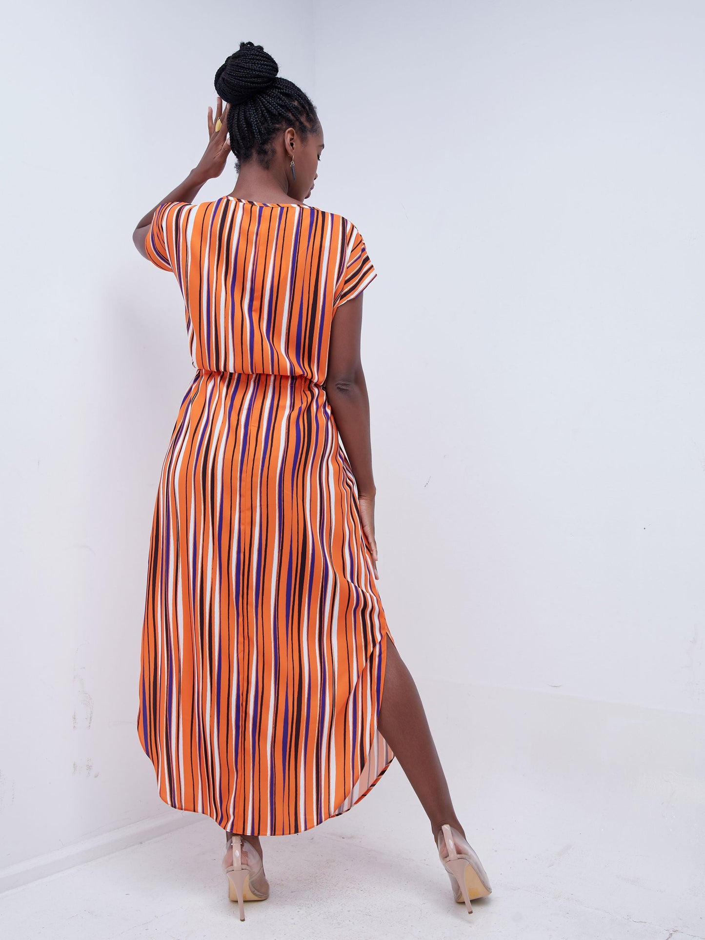 Vivo Mistari Drop Shoulder Scalloped Hem Maxi Dress - Orange / Black Striped Print