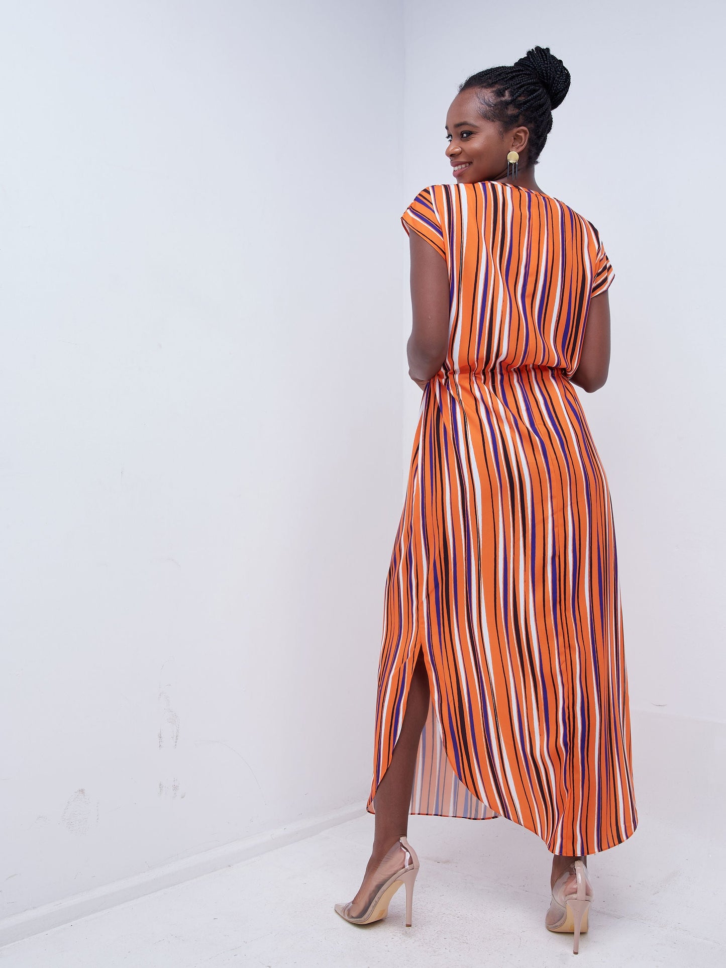 Vivo Mistari Drop Shoulder Scalloped Hem Maxi Dress - Orange / Black Striped Print