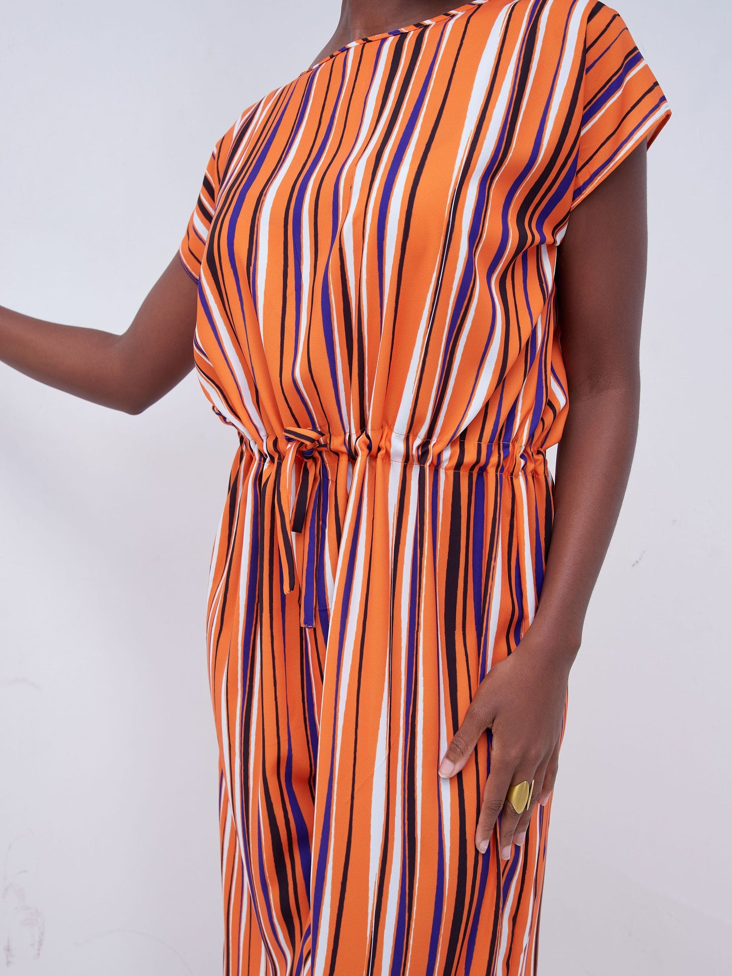 Vivo Mistari Drop Shoulder Scalloped Hem Maxi Dress - Orange / Black Striped Print