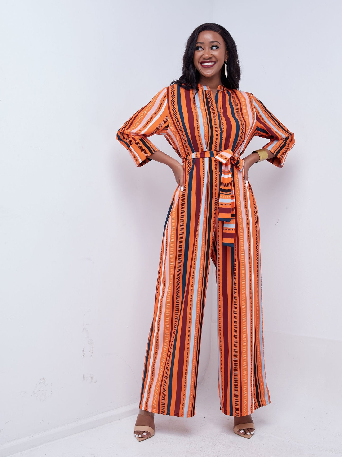 Vivo Mistari 3/4 Sleeve V Neck Collared Jumpsuit - Orange / Peach Print