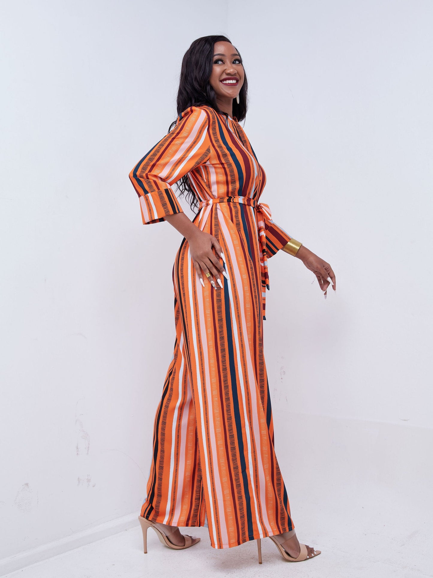 Vivo Mistari 3/4 Sleeve V Neck Collared Jumpsuit - Orange / Peach Print
