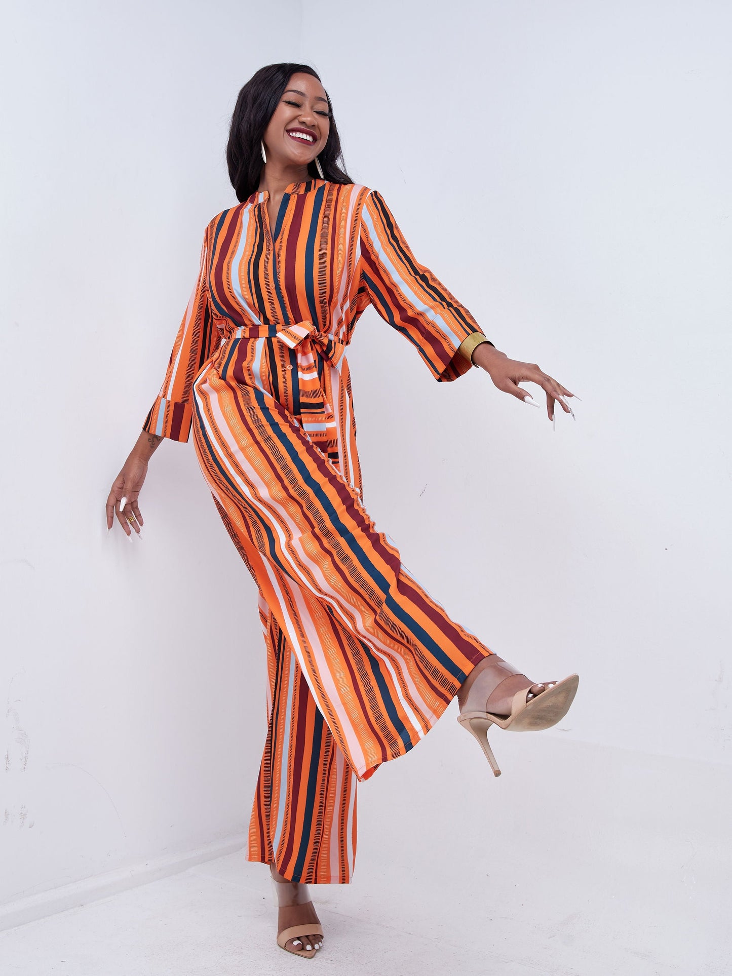 Vivo Mistari 3/4 Sleeve V Neck Collared Jumpsuit - Orange / Peach Print