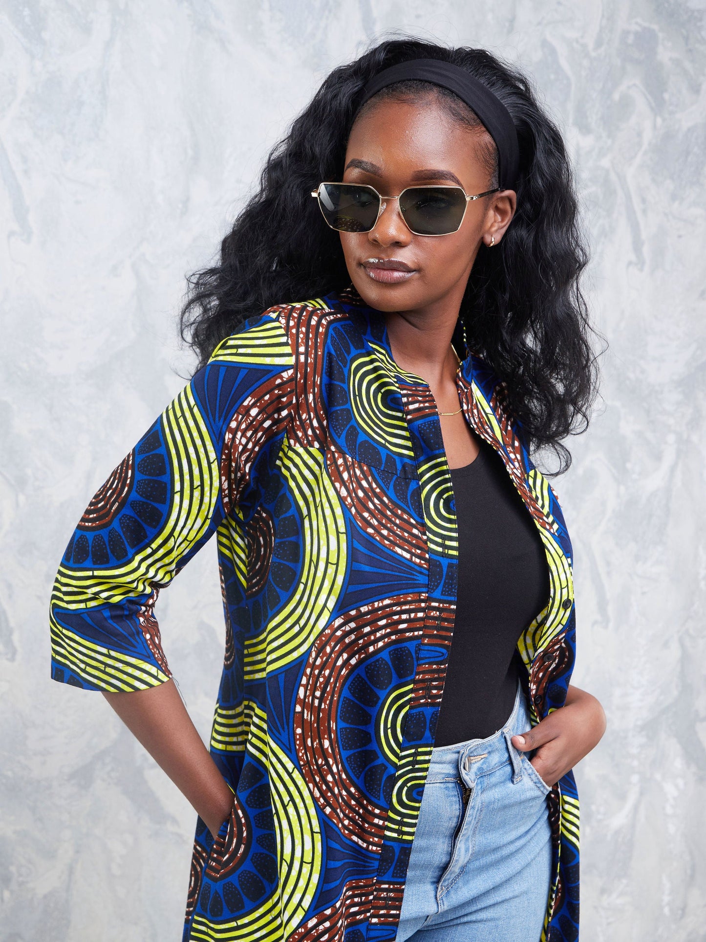 Safari Nimali 3/4 Sleeve Maxi Dress - Blue / Yellow Ankara Print