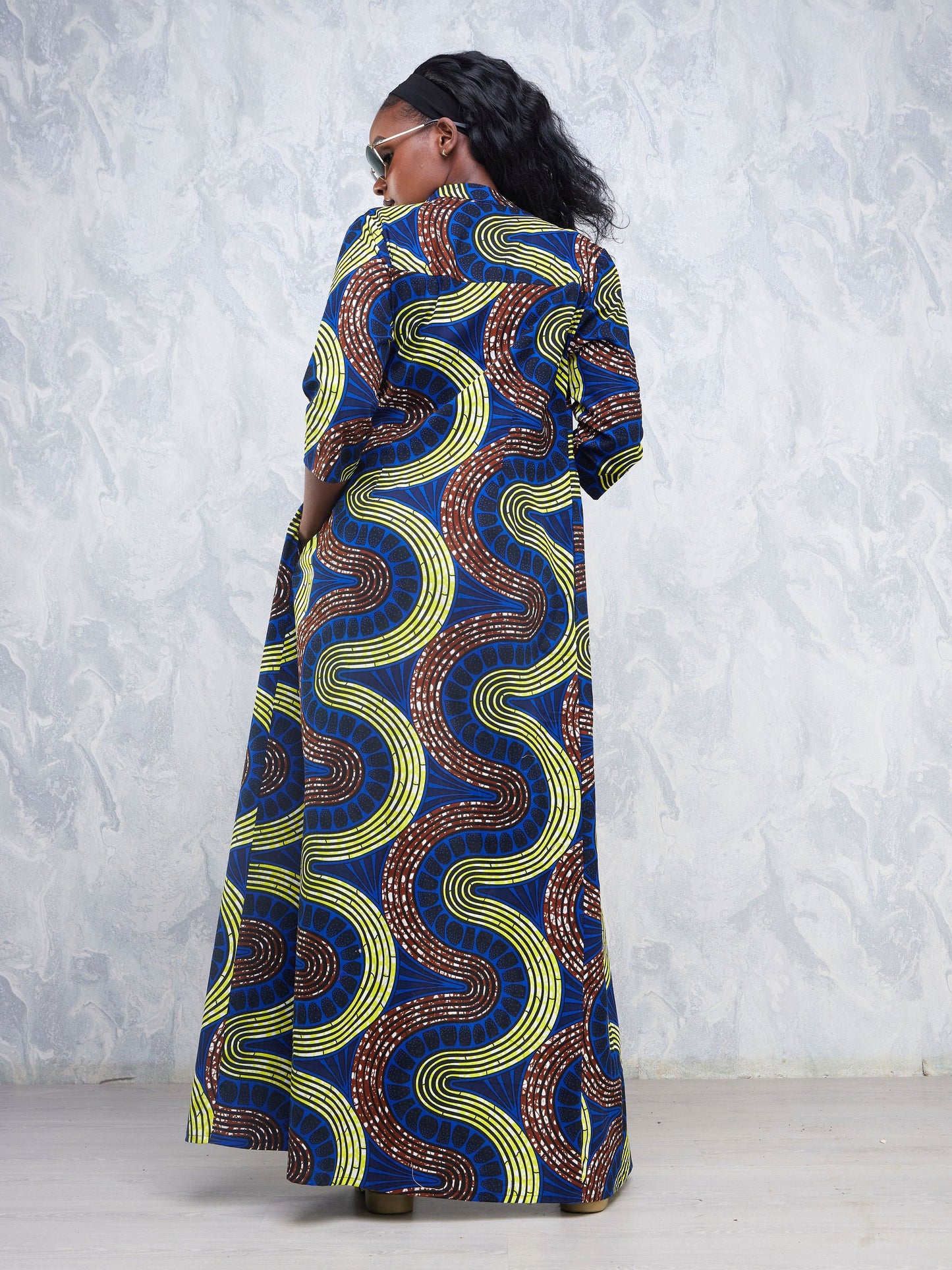 Safari Nimali 3/4 Sleeve Maxi Dress - Blue / Yellow Ankara Print