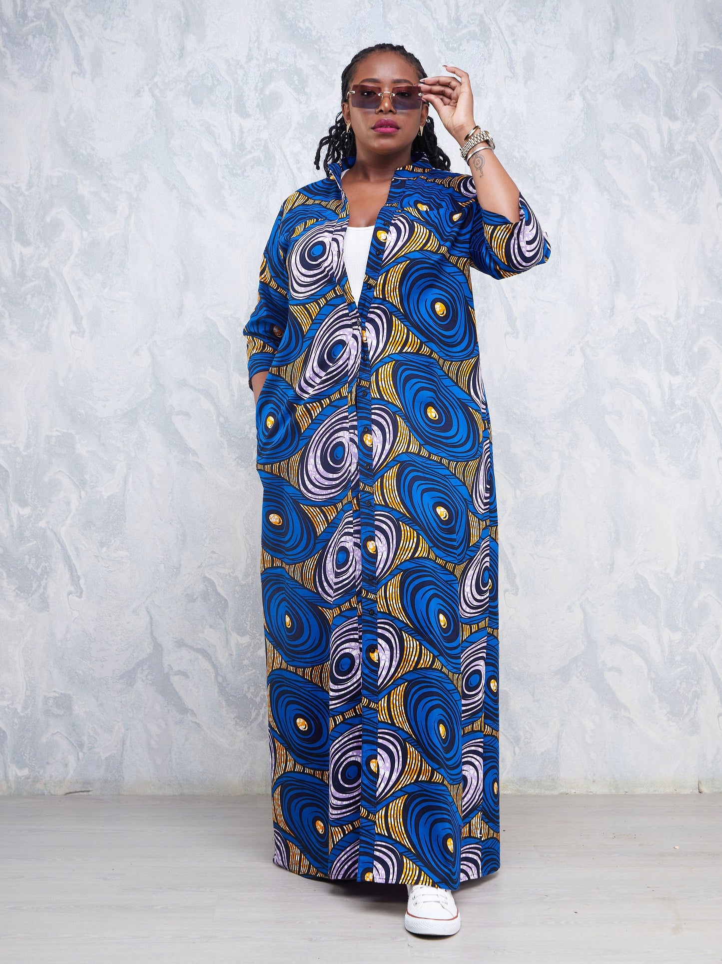 Safari Nimali 3/4 Sleeve Maxi Dress - Purple / Blue Ankara Print