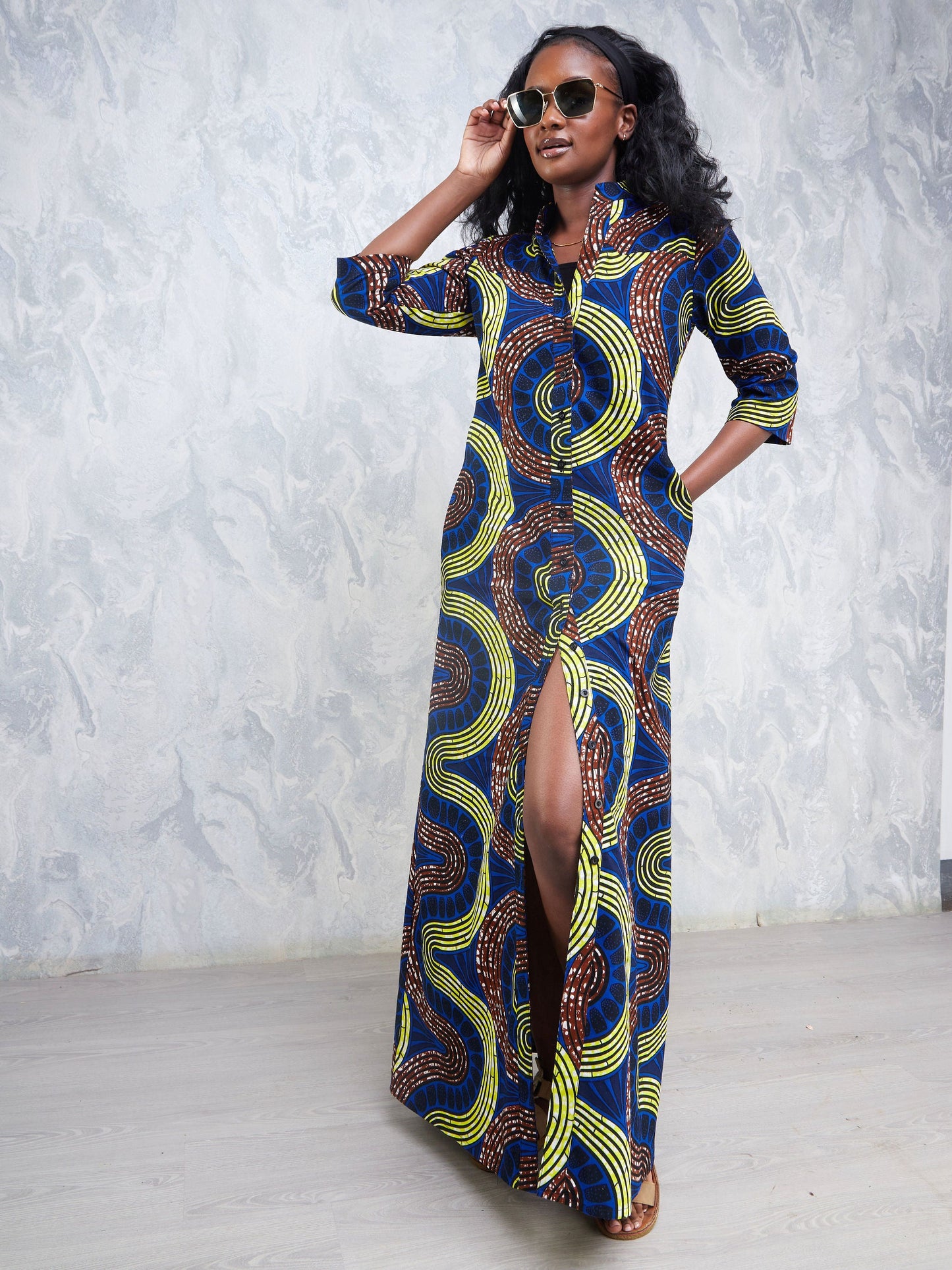 Safari Nimali 3/4 Sleeve Maxi Dress - Blue / Yellow Ankara Print