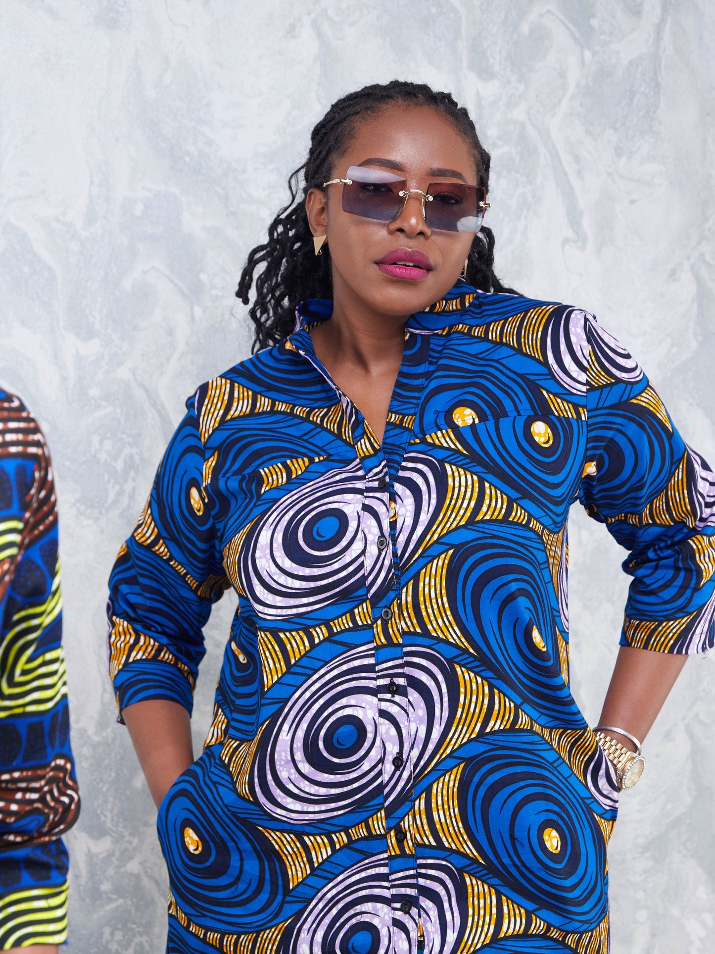 Safari Nimali 3/4 Sleeve Maxi Dress - Purple / Blue Ankara Print