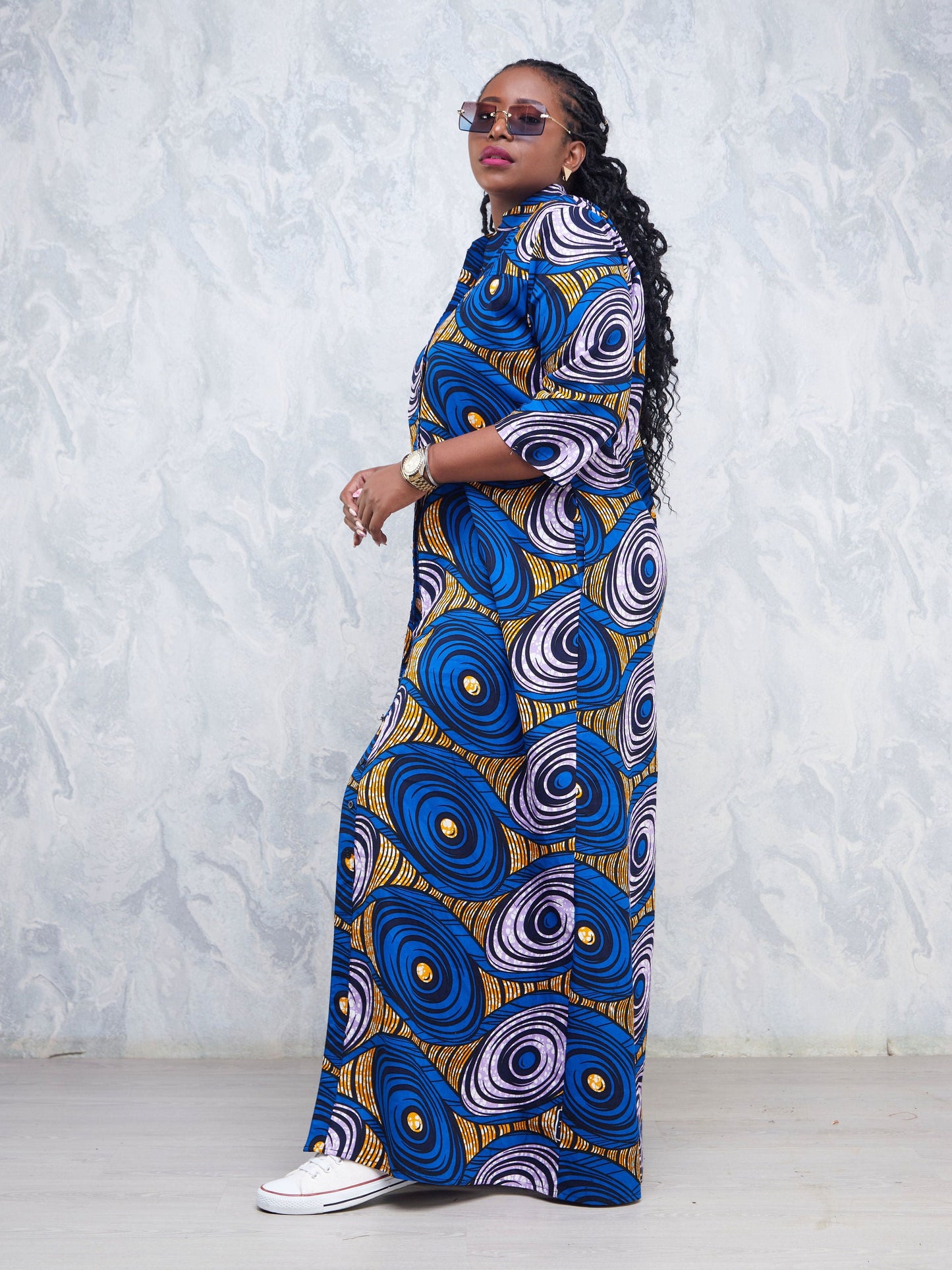 Safari Nimali 3/4 Sleeve Maxi Dress - Purple / Blue Ankara Print
