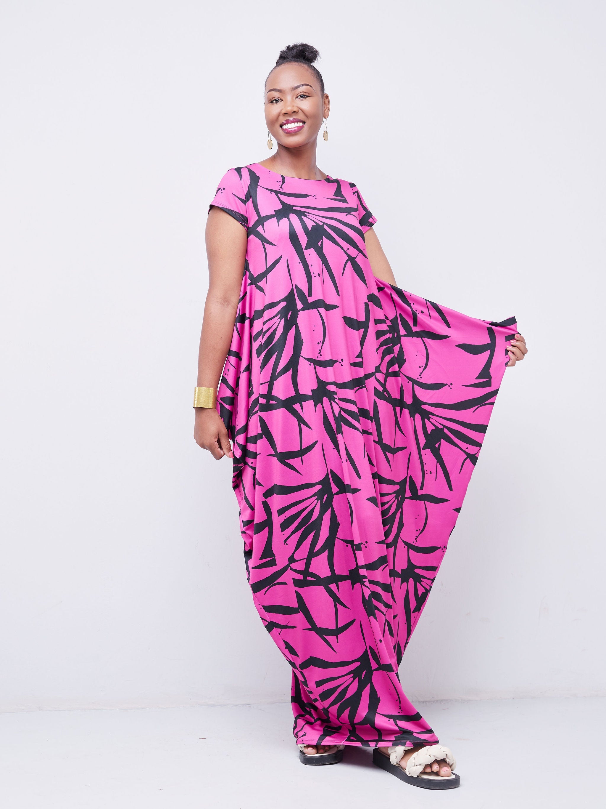 Vivo Tuni Side Cowl Maxi Dress - Pink / Black Abstract Print