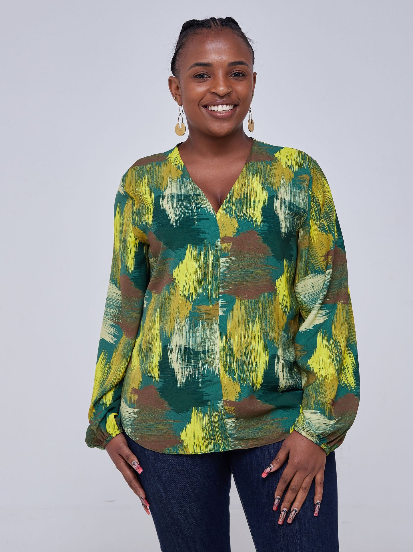 Vivo Zena Bishop sleeve V Neck Top - Green Print