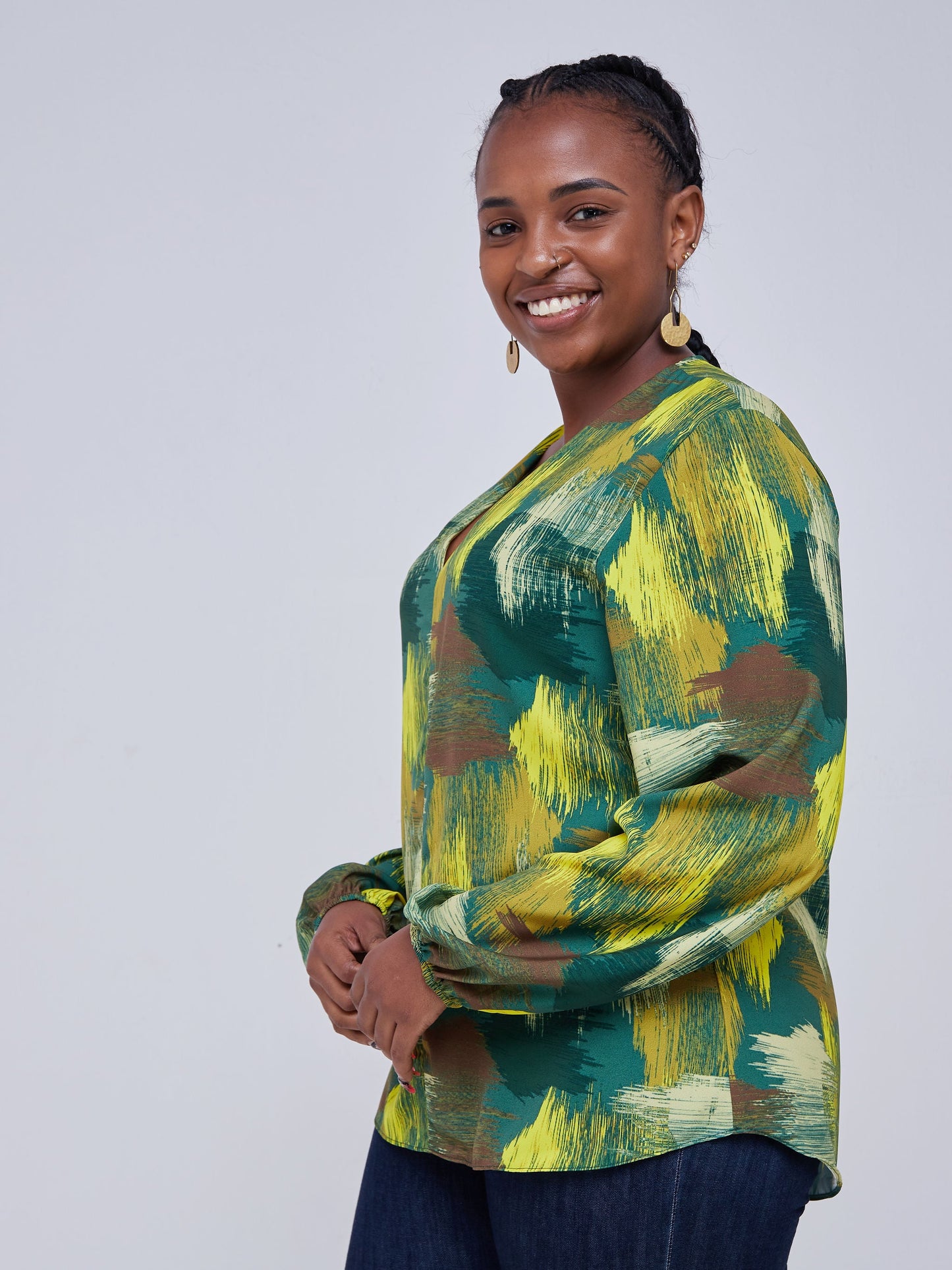 Vivo Zena Bishop sleeve V Neck Top - Green Print