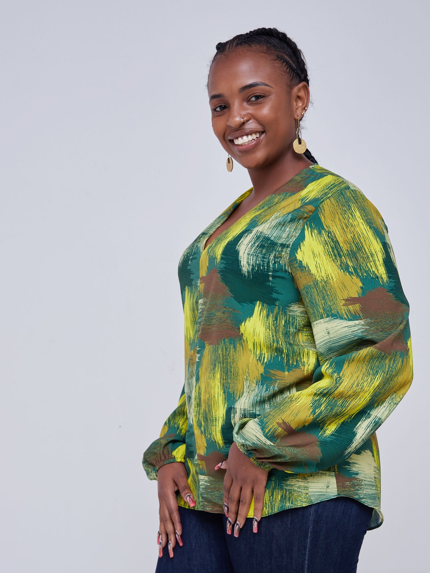 Vivo Zena Bishop sleeve V Neck Top - Green Print