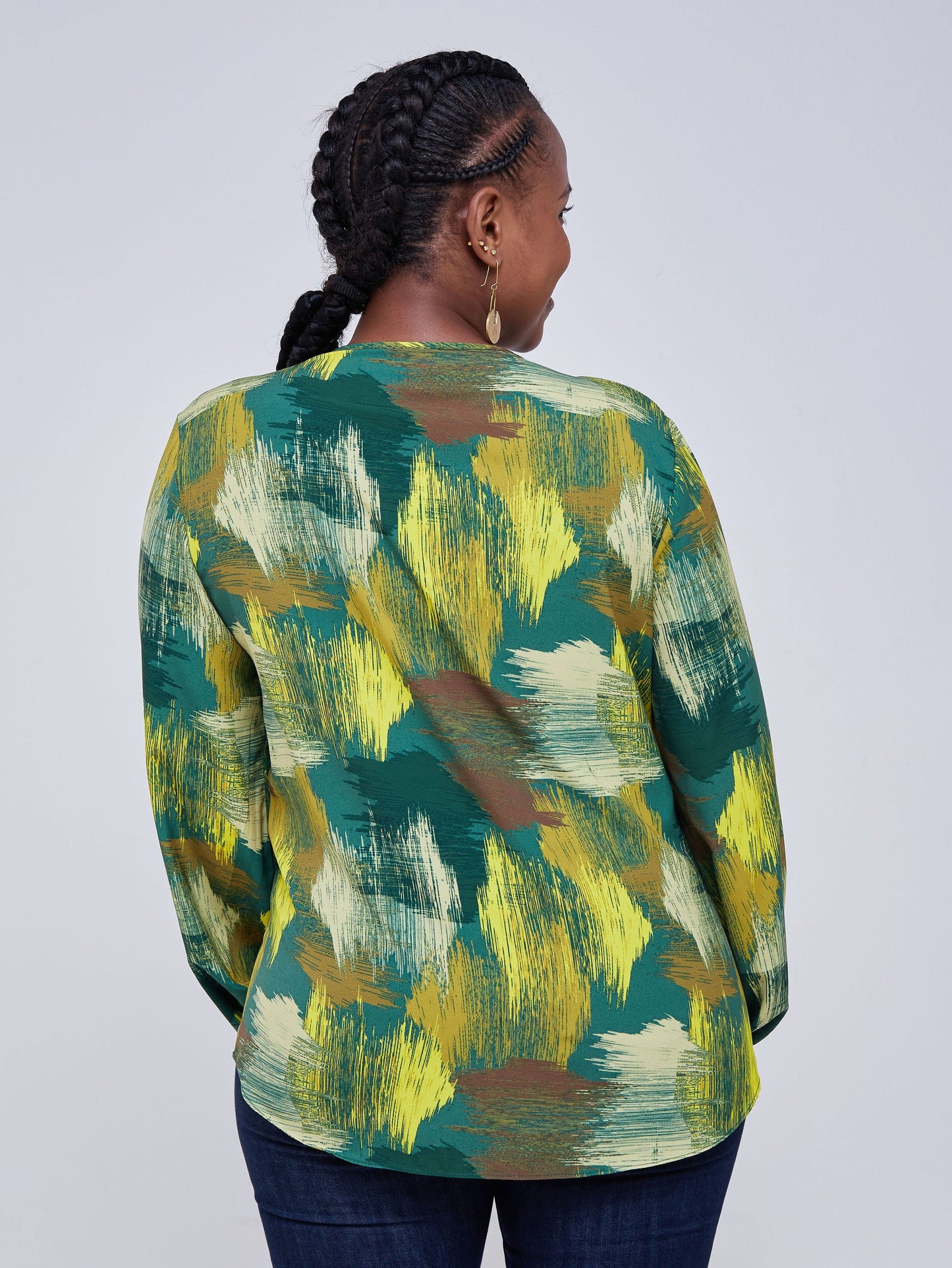 Vivo Zena Bishop sleeve V Neck Top - Green Print