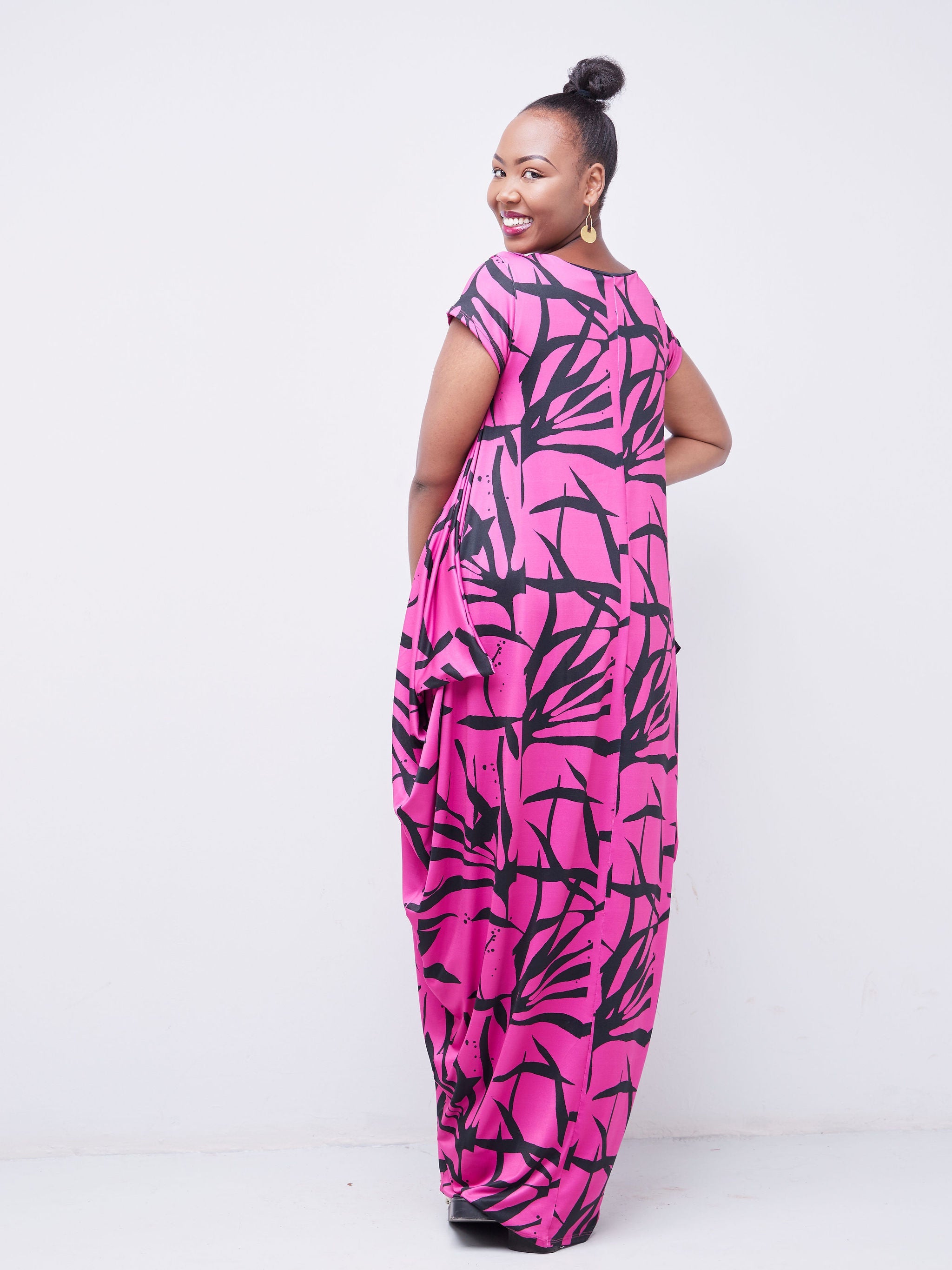 Vivo Tuni Side Cowl Maxi Dress - Pink / Black Abstract Print