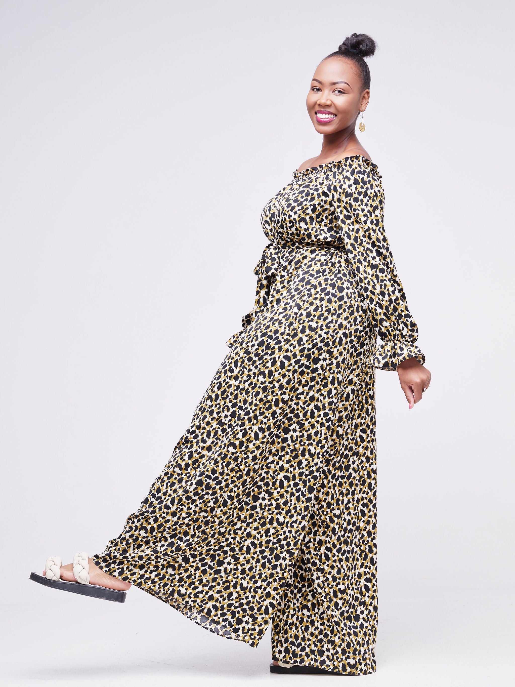 Vivo Jema Off-shoulder Long Sleeve Jumpsuit - Hunters Green / Black Animal Print