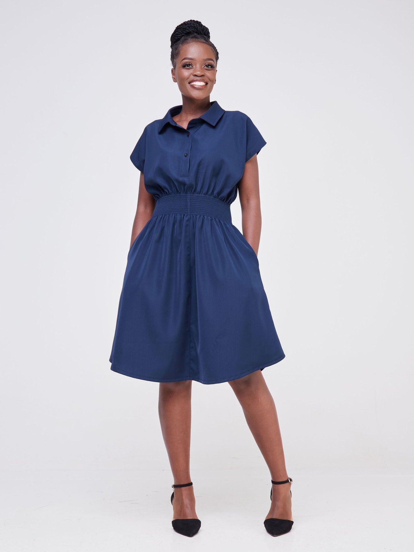 Vivo Fahari Shirred Waist Shirt Dress - Navy Blue