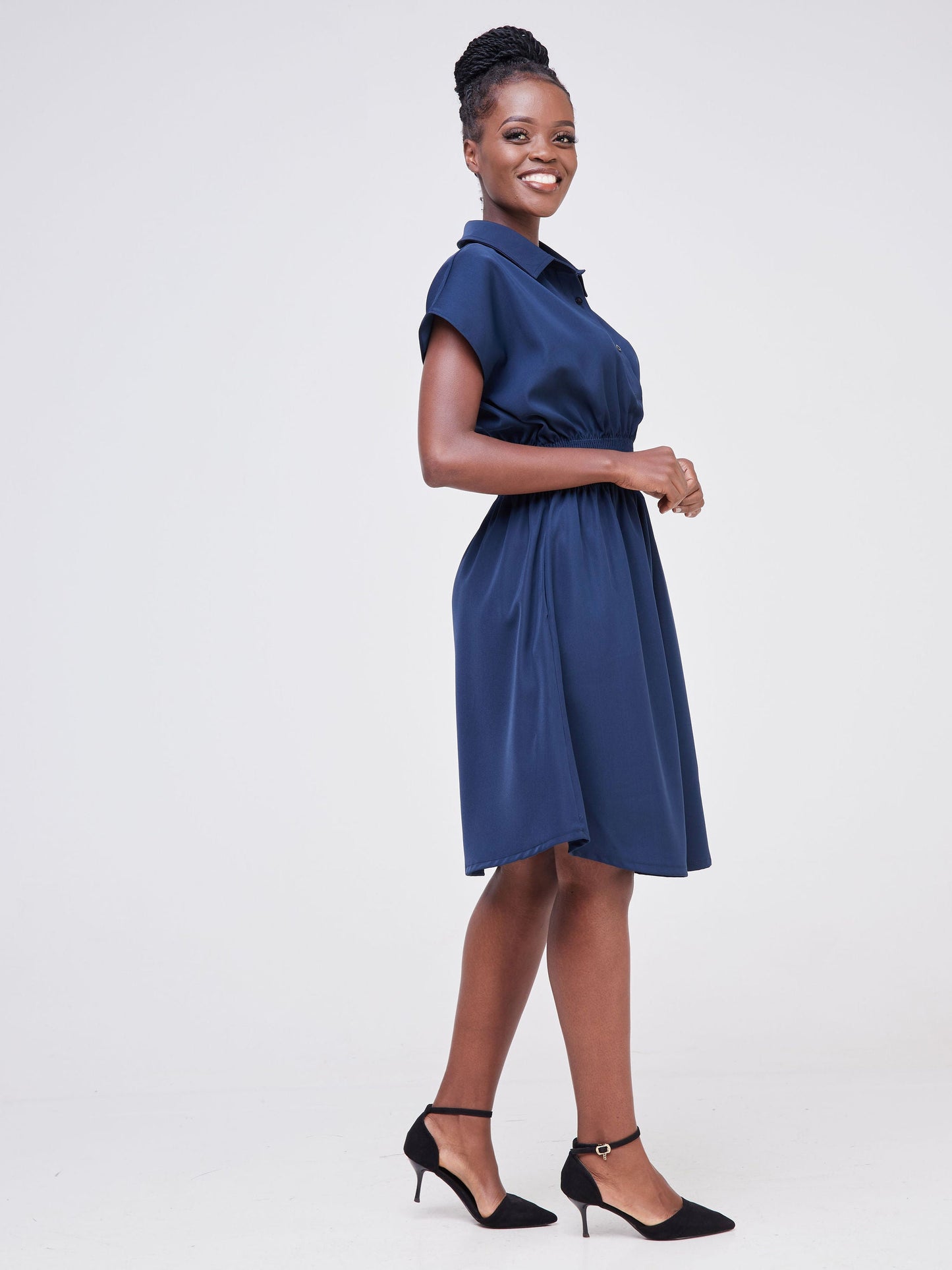 Vivo Fahari Shirred Waist Shirt Dress - Navy Blue