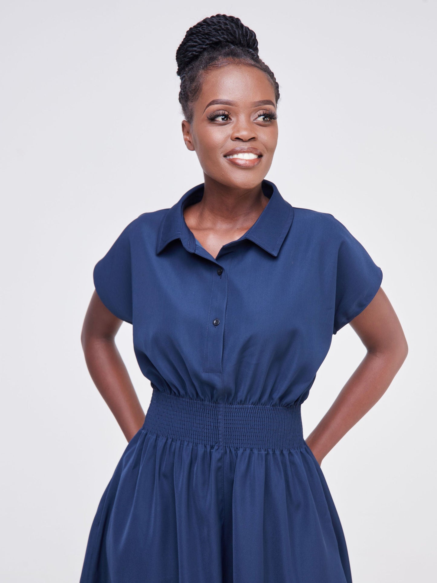 Vivo Fahari Shirred Waist Shirt Dress - Navy Blue