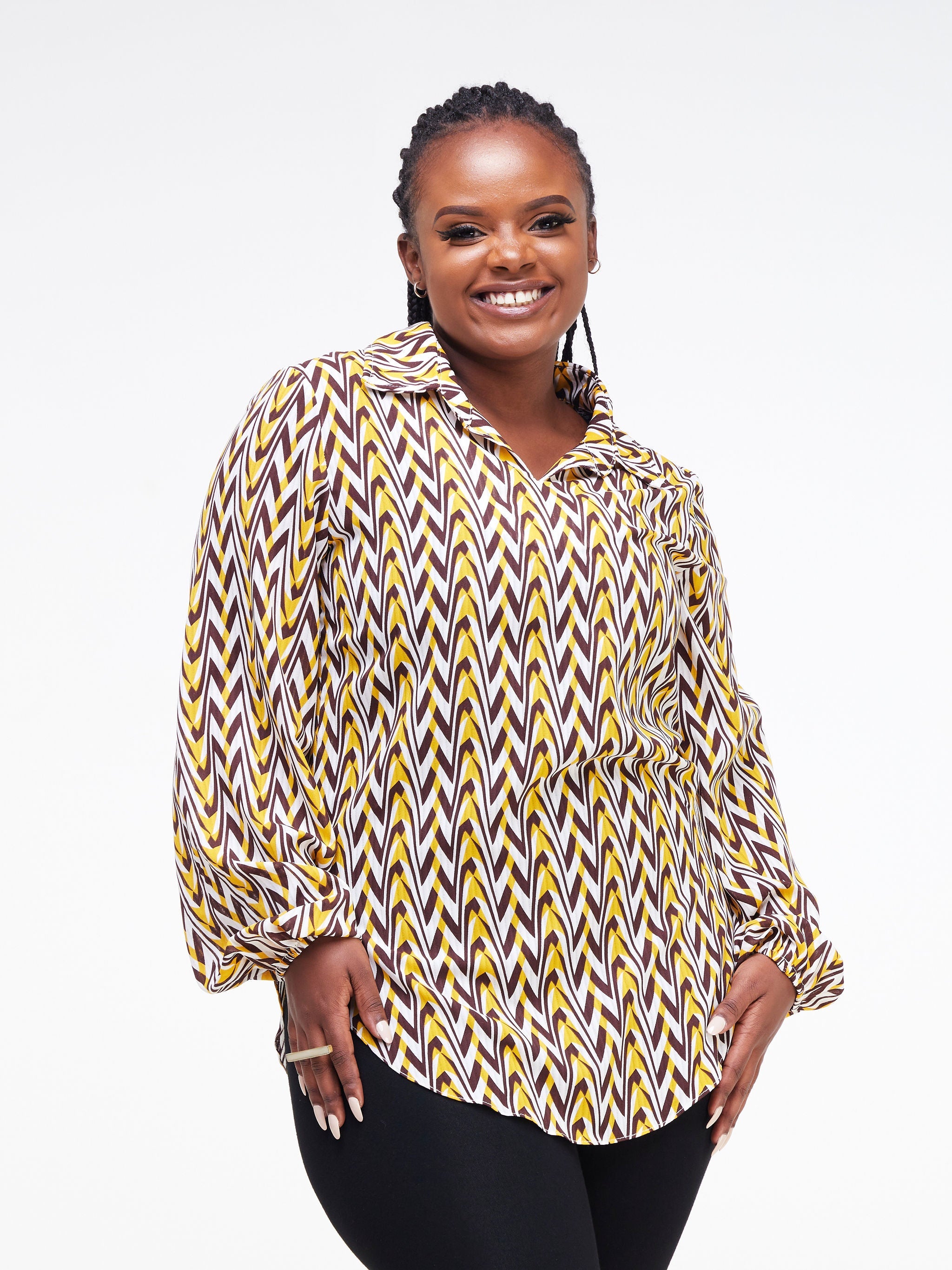 Vivo Sana Bishop Sleeve Top - Mustard / Brown Geometric Print