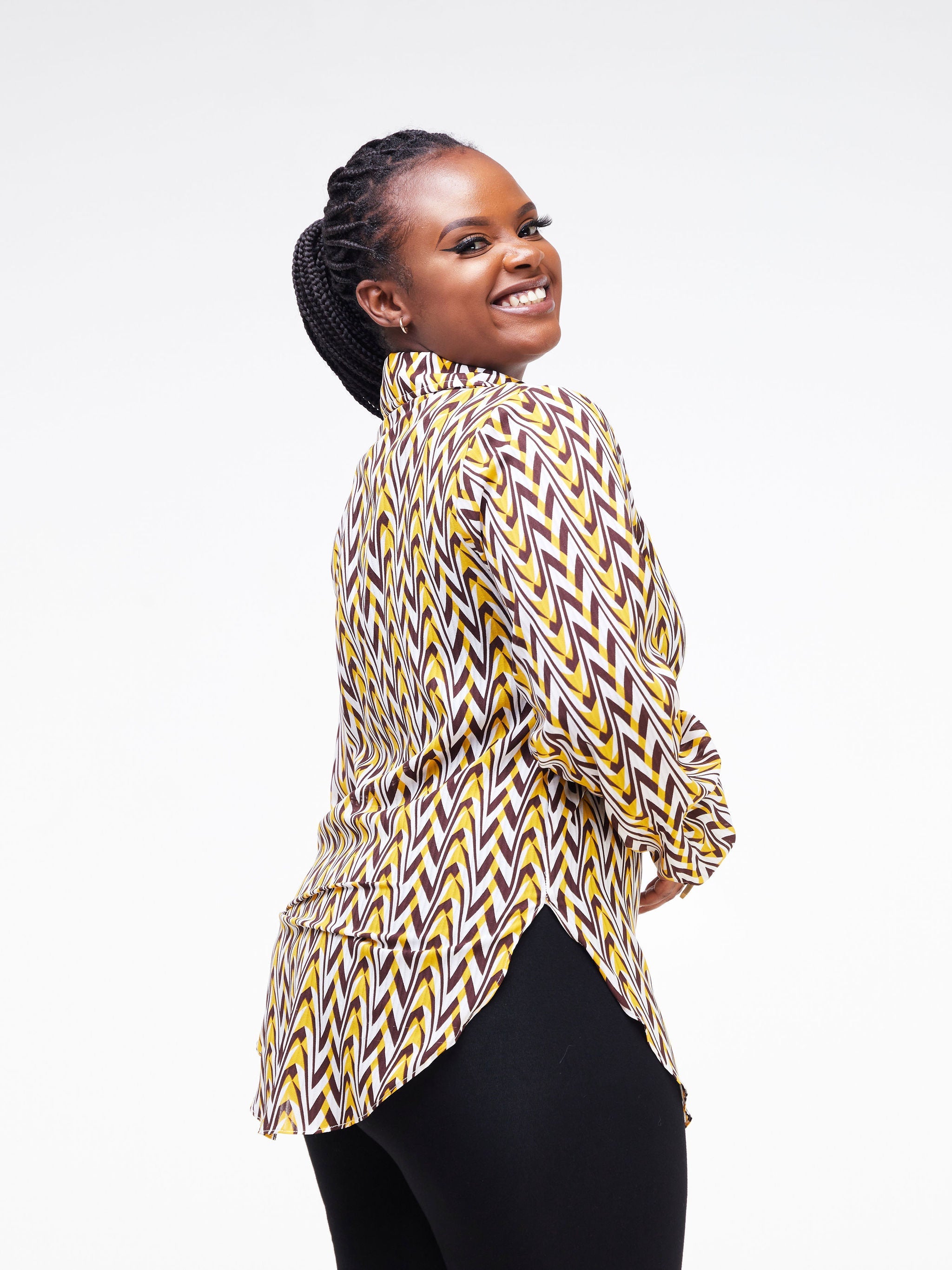 Vivo Sana Bishop Sleeve Top - Mustard / Brown Geometric Print