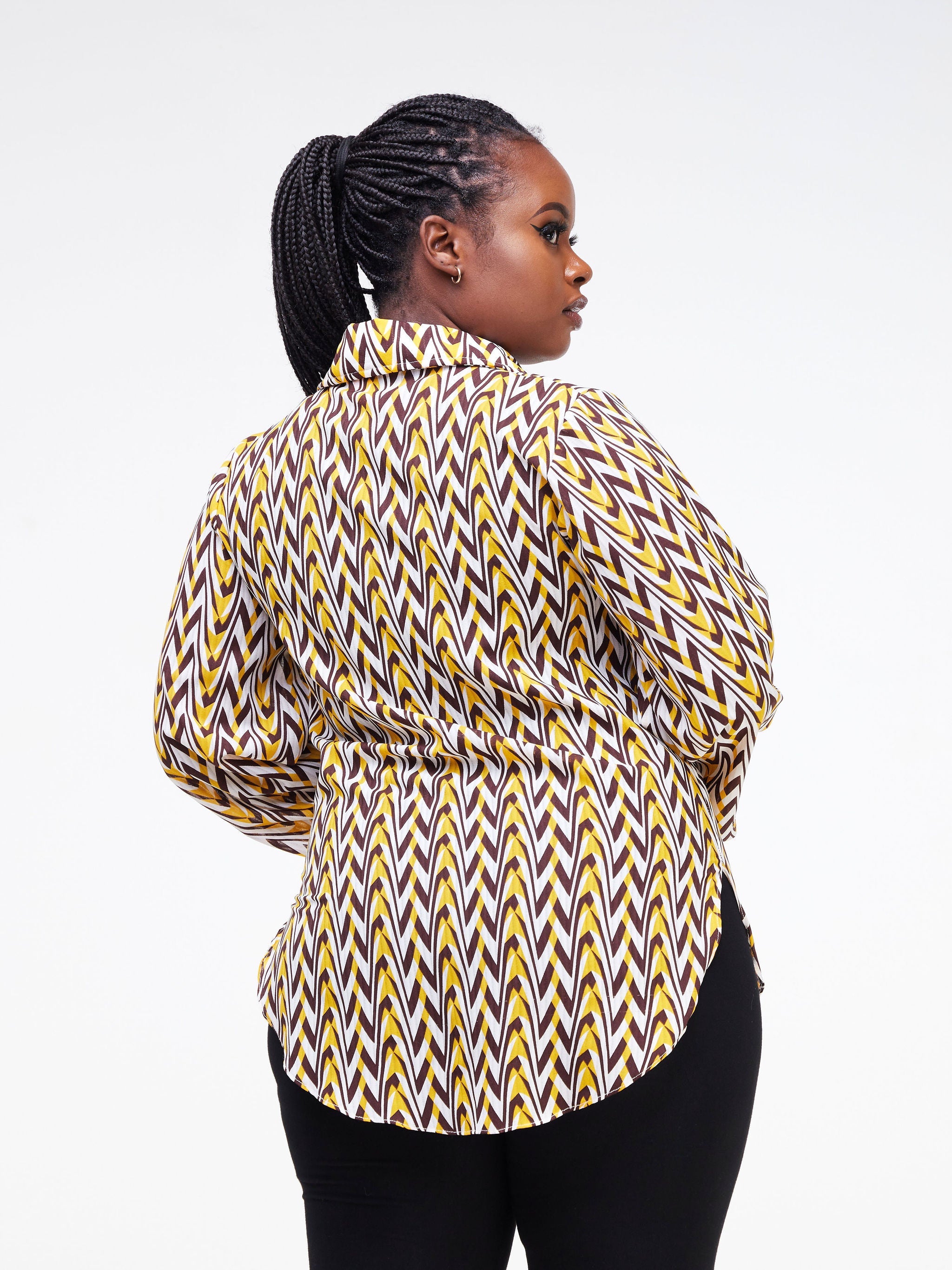 Vivo Sana Bishop Sleeve Top - Mustard / Brown Geometric Print