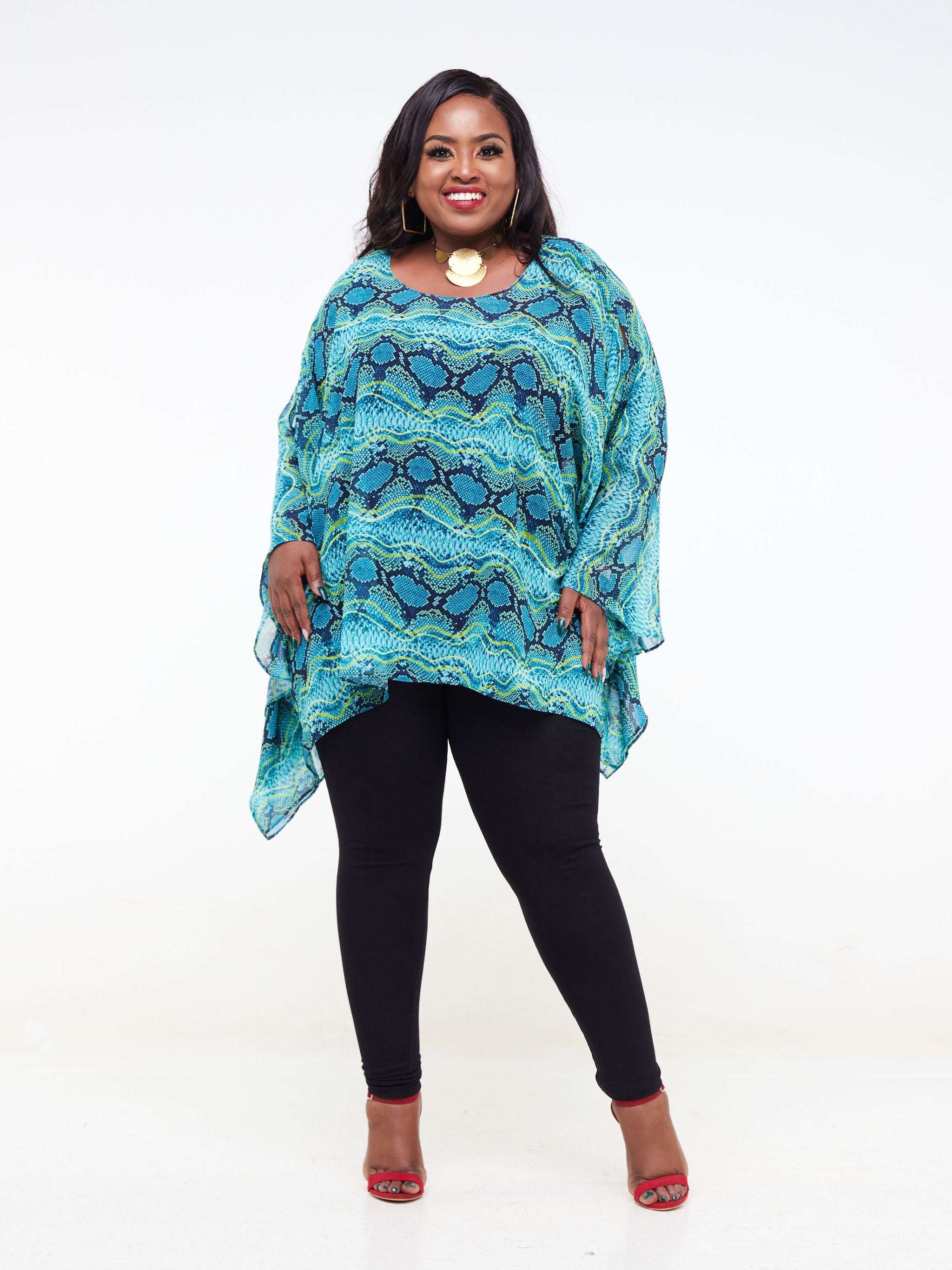 Vivo Lamu Loose Chiffon Top - Teal / Lime Green Animal Print