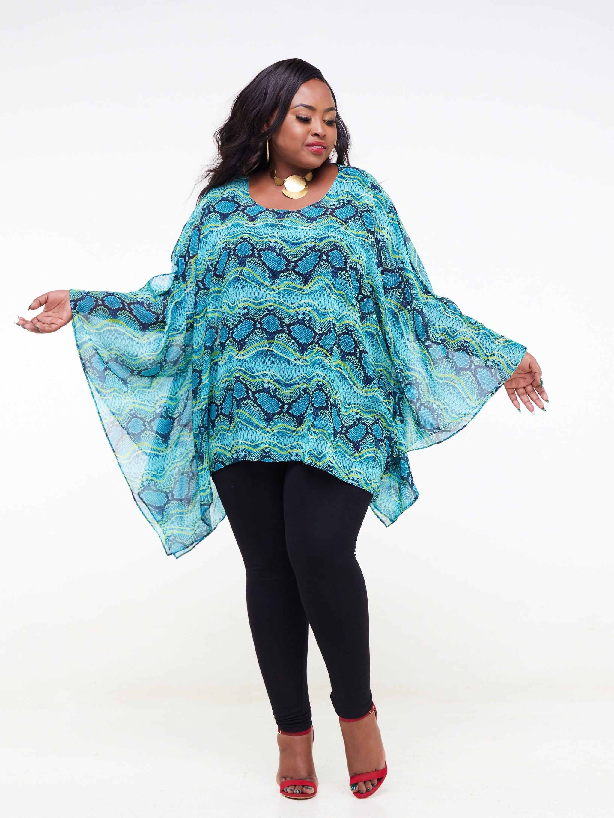 Vivo Lamu Loose Chiffon Top - Teal / Lime Green Animal Print