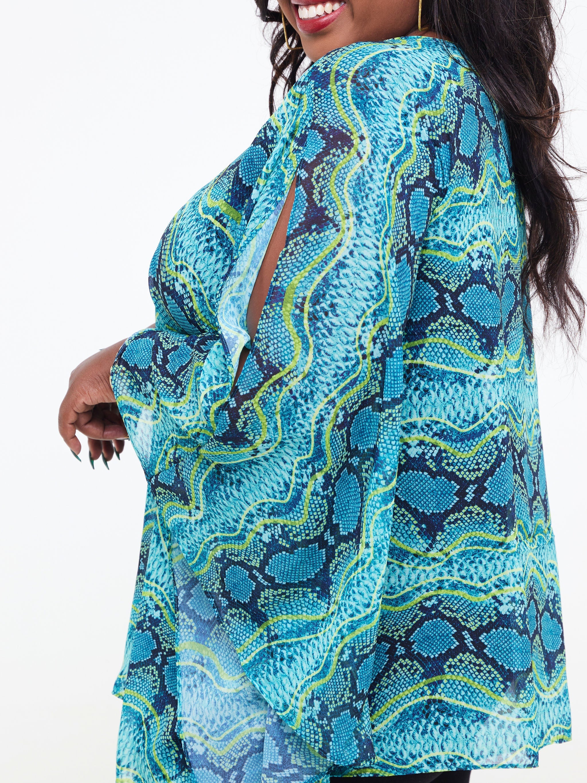 Vivo Lamu Loose Chiffon Top - Teal / Lime Green Animal Print