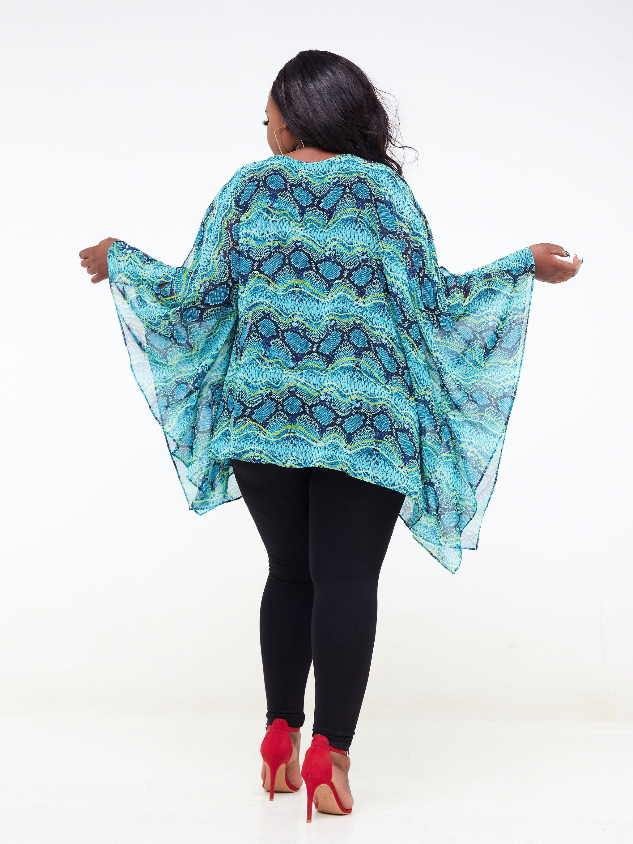 Vivo Lamu Loose Chiffon Top - Teal / Lime Green Animal Print