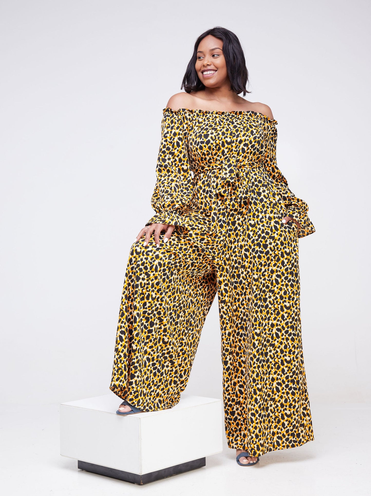 Vivo Jema Off-shoulder Long Sleeve Jumpsuit - Orange / Black Animal Print